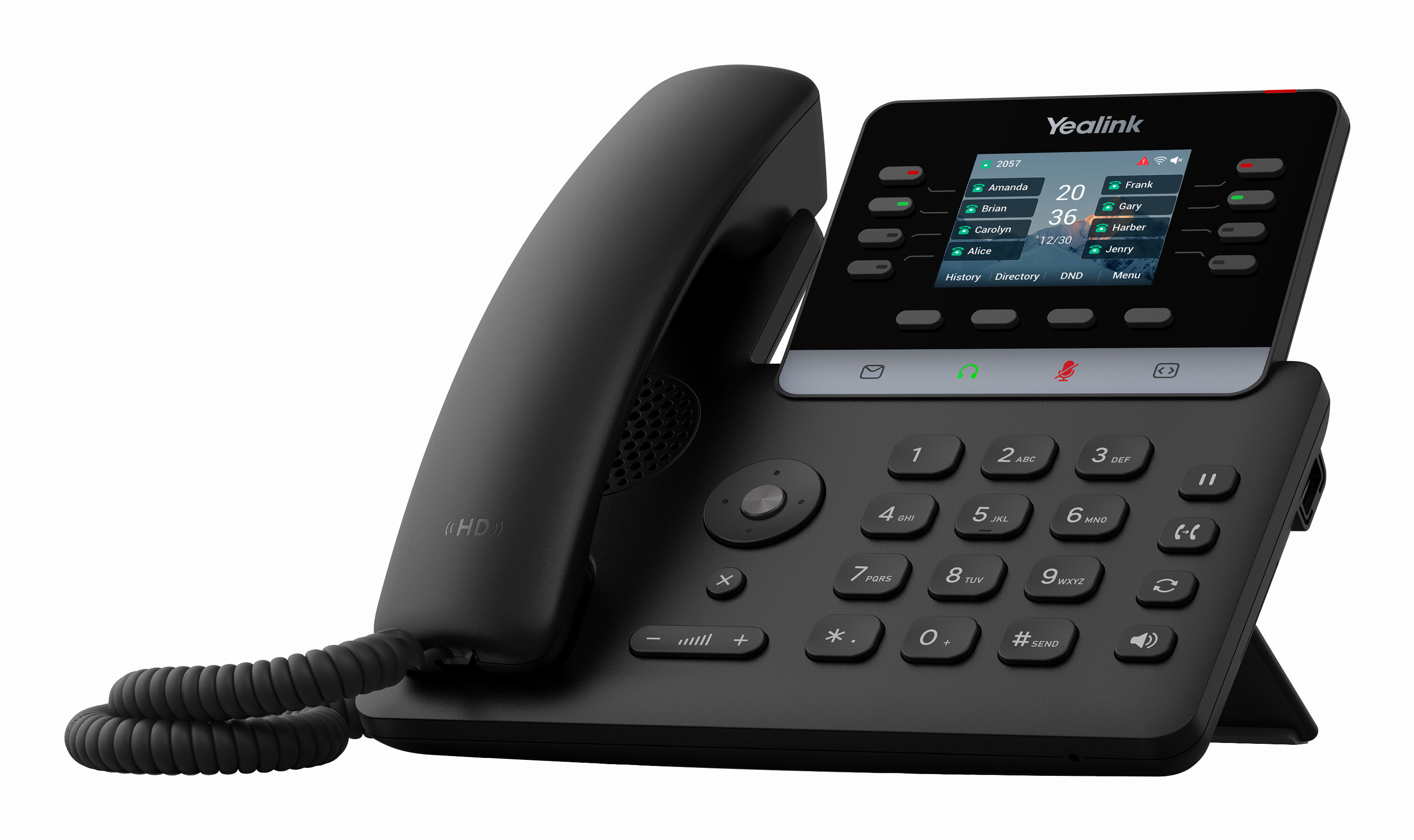Telefono IP Yealink nero con schermo a colori, tastiera e ricevitore con cavo a spirale su sfondo bianco.