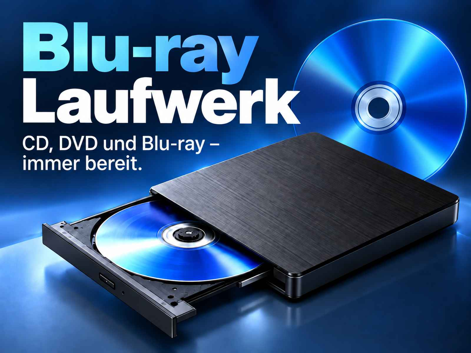 Ein schwarzes externes Blu-ray-Laufwerk mit geöffnetem Fach und einer blauen Disc auf blauem Hintergrund.