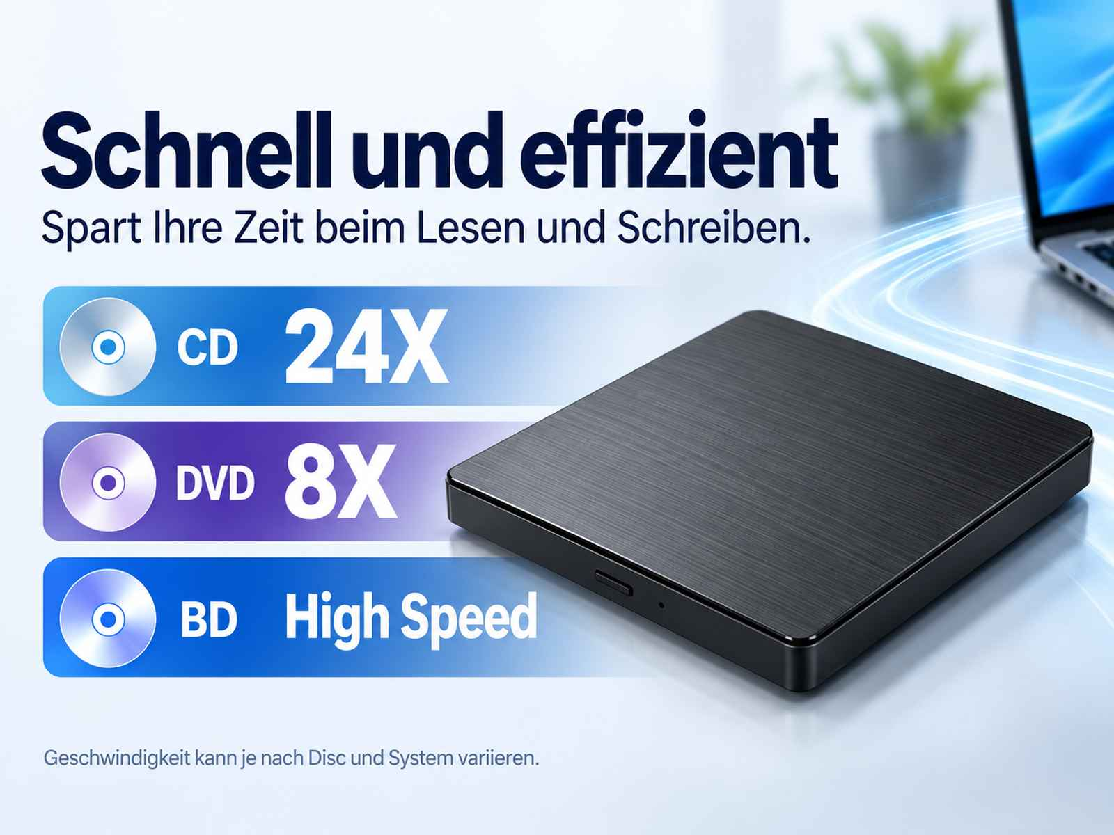 Ein schlanker, schwarzer externer CD-, DVD- und Blu-ray-Brenner auf einem Holztisch mit Textüberlagerungen.