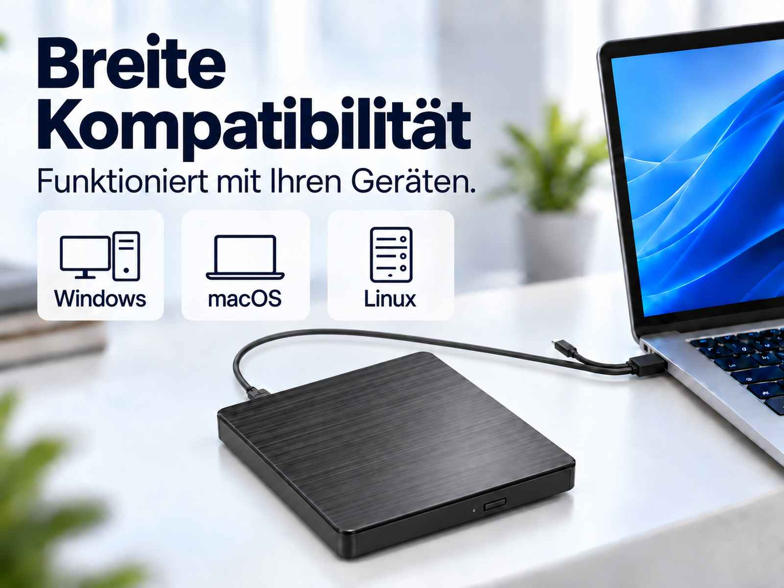 Ein schwarzes externes Laufwerk ist per Kabel mit einem Laptop verbunden. Text zeigt Windows, macOS, Linux.
