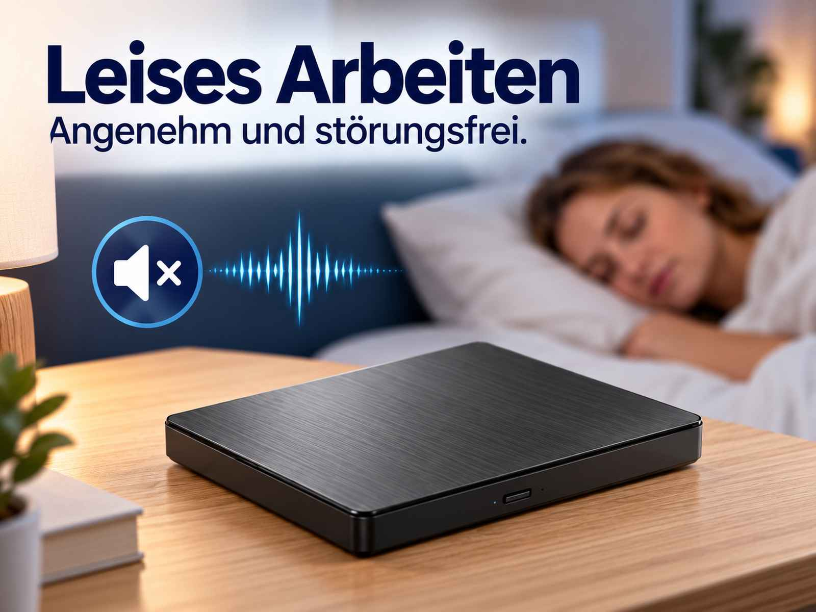 Eine schwarze Festplatte auf einem Holztisch im Schlafzimmer, während eine Frau im Hintergrund ruhig schläft.