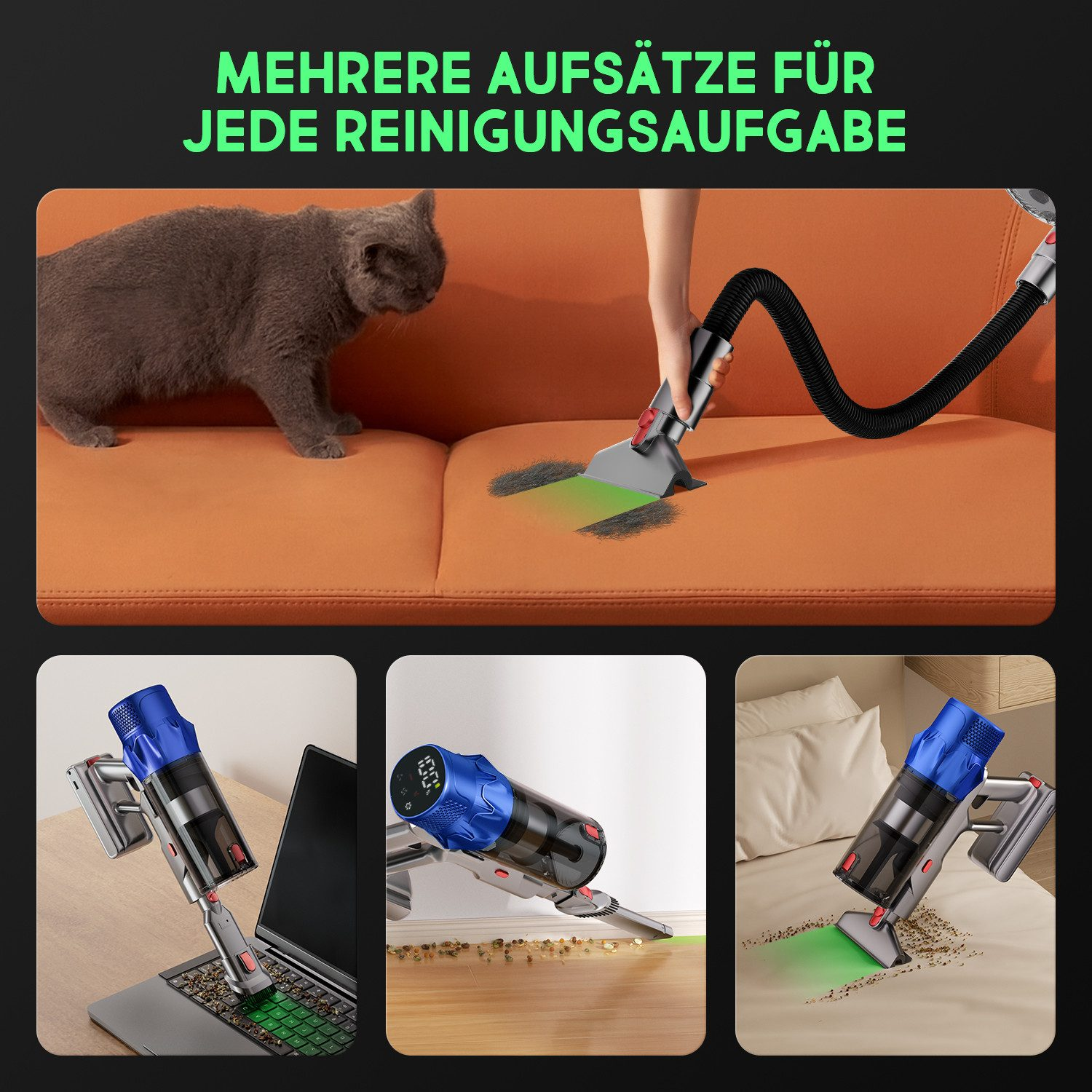 Ein Staubsauger mit Aufsätzen reinigt ein Sofa, eine Tastatur und den Boden.