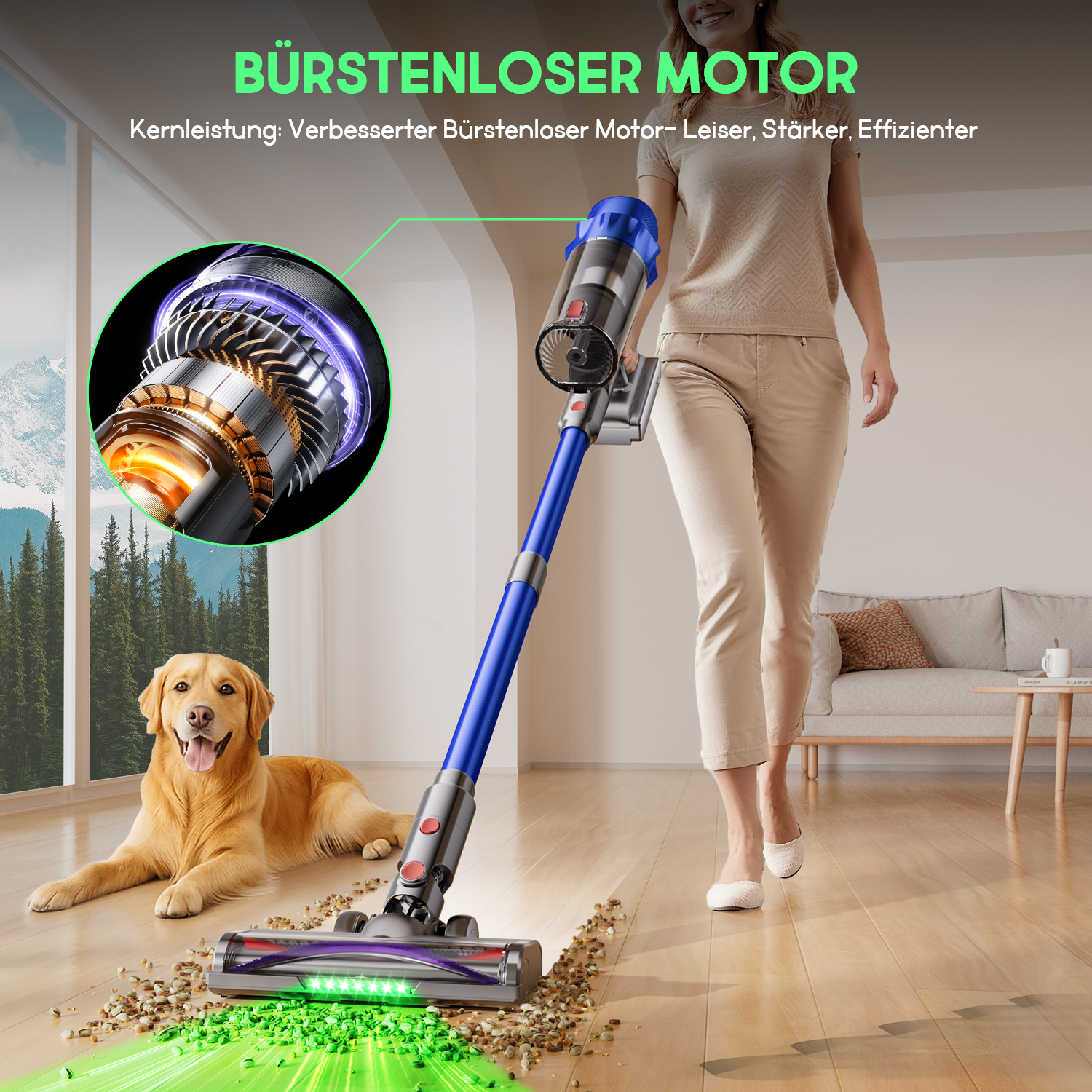 Eine Frau saugt Holzboden mit einem kabellosen Staubsauger, ein golden Retriever liegt daneben.