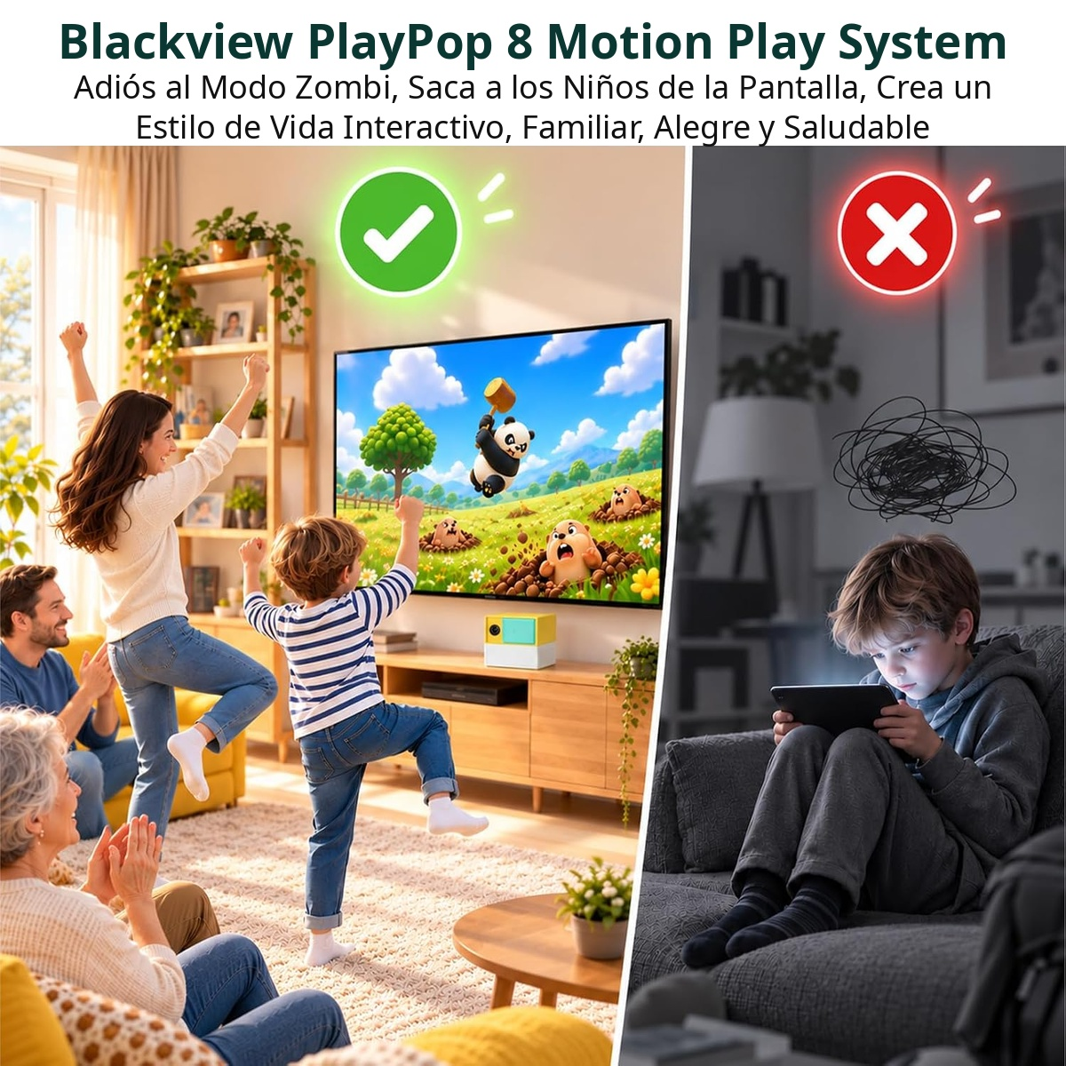 Comparación de una familia activa jugando frente a un niño aislado usando una tableta a oscuras.