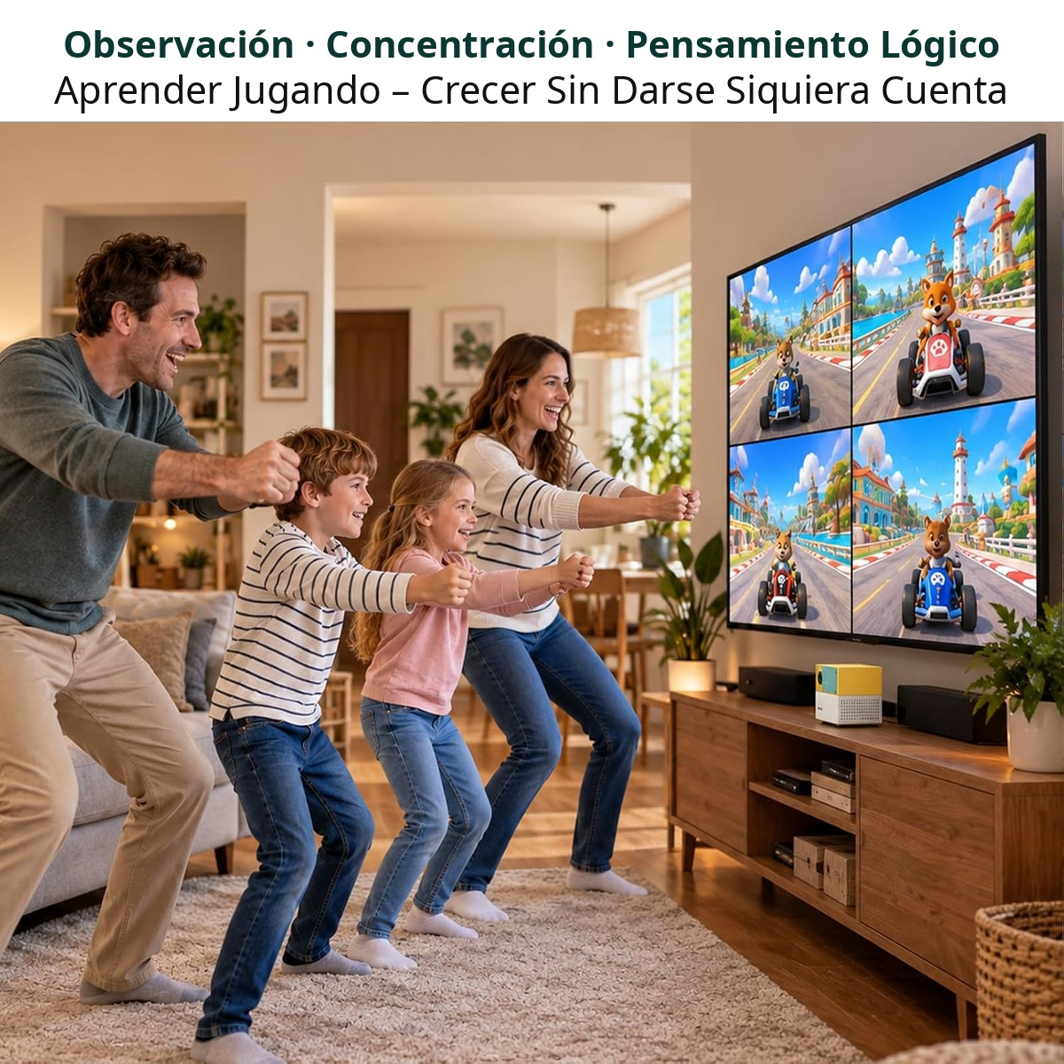 Una familia de cuatro juega felizmente a un videojuego de carreras en la sala, fingiendo conducir.