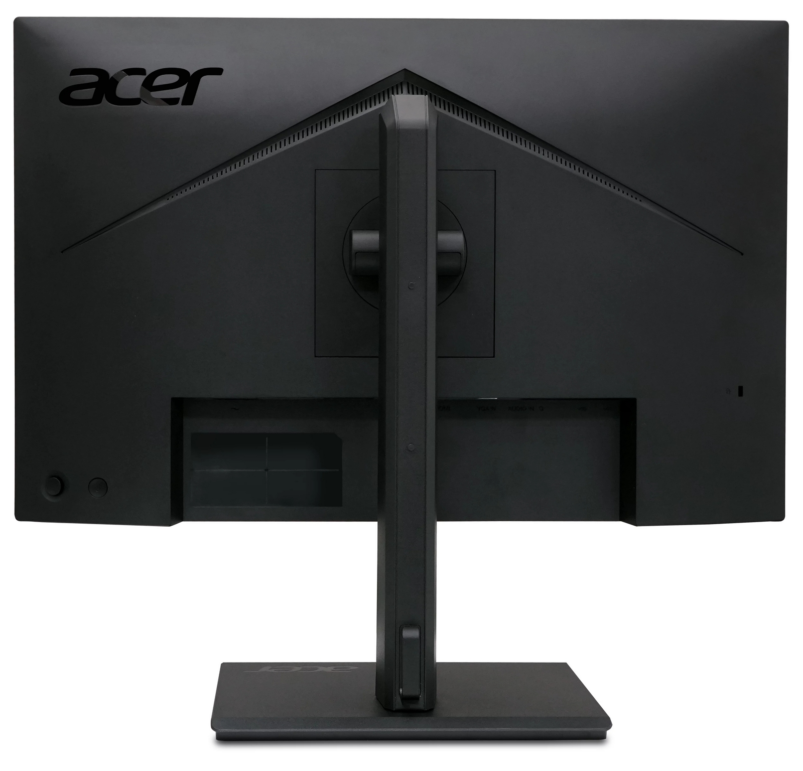 Vista posteriore di un monitor per computer Acer nero con supporto su sfondo bianco.
