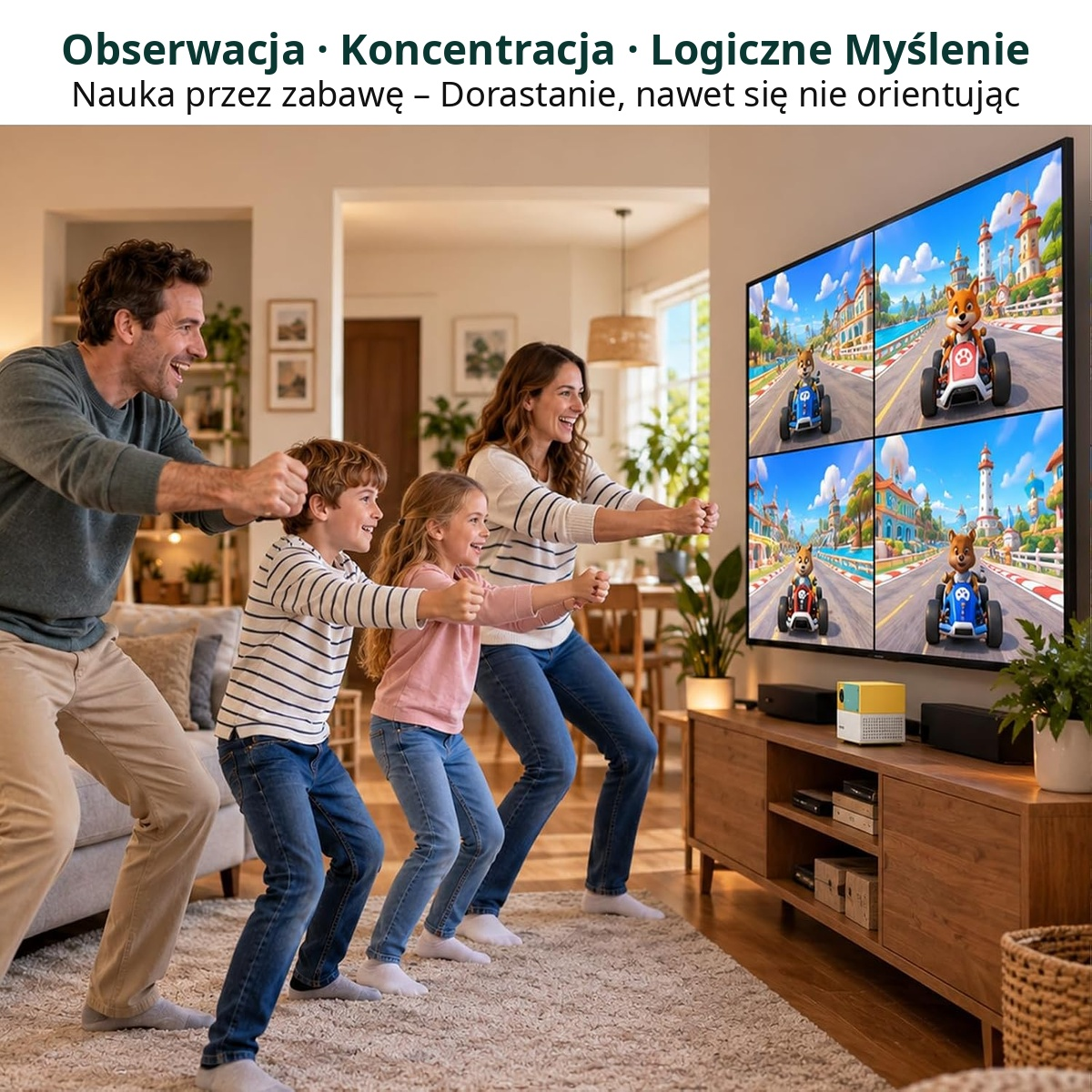 Rodzina radośnie gra w wyścigową grę wideo na podzielonym ekranie w salonie.