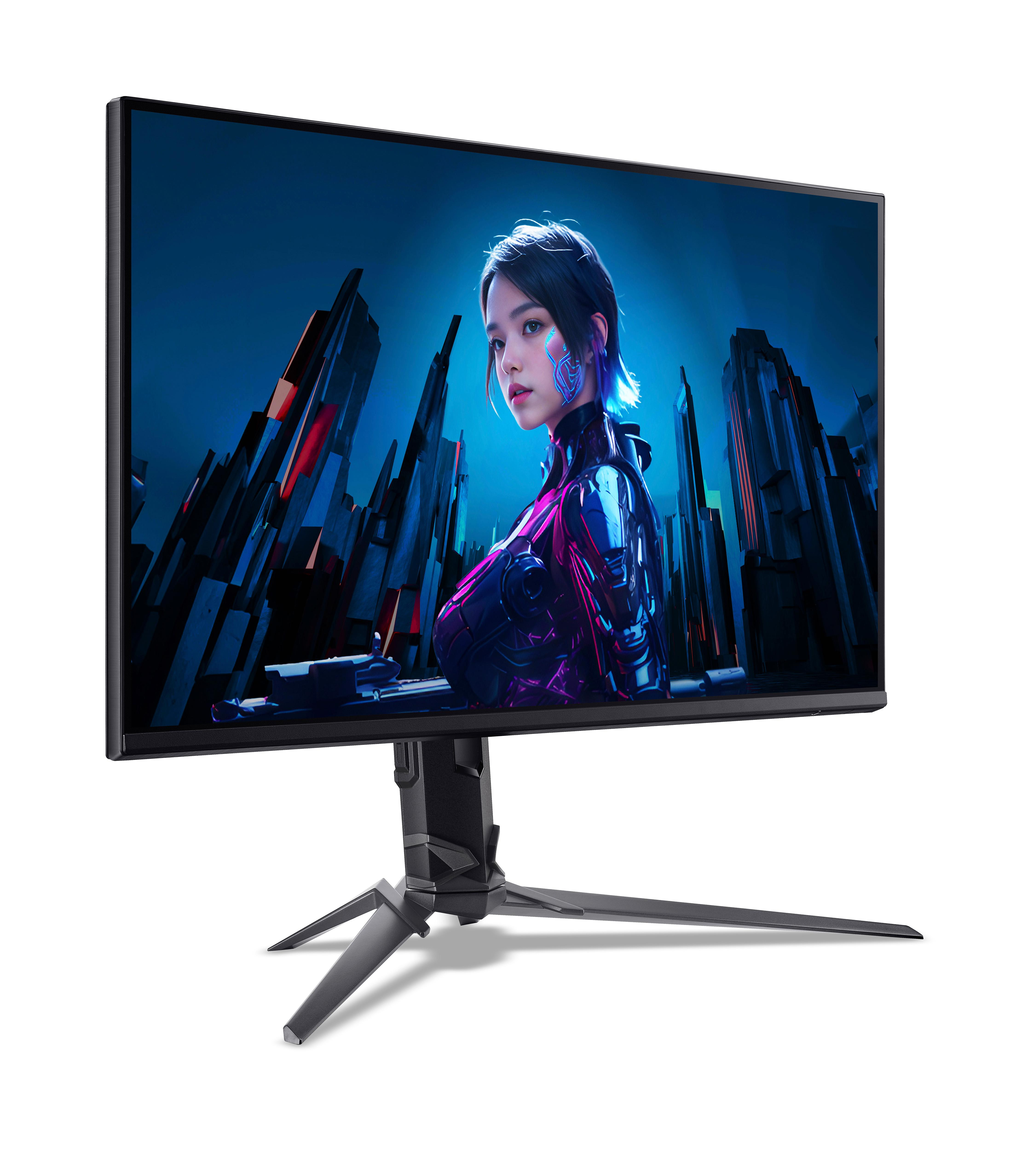 Un monitor da gioco curvo su supporto nero mostra una guerriera futurista su uno skyline blu.
