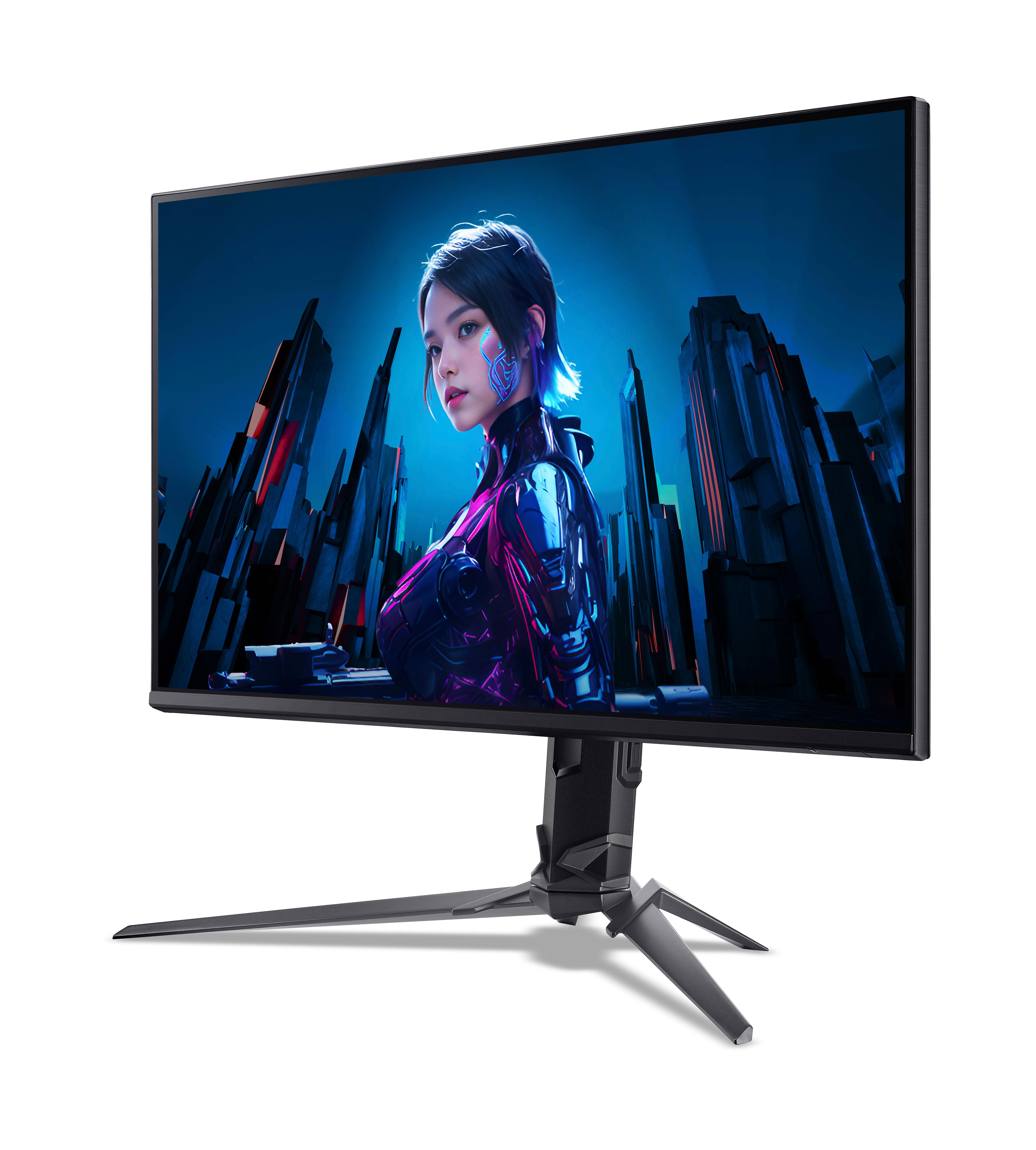 Un monitor da gioco nero mostra l'immagine futuristica di una donna su uno sfondo urbano blu.