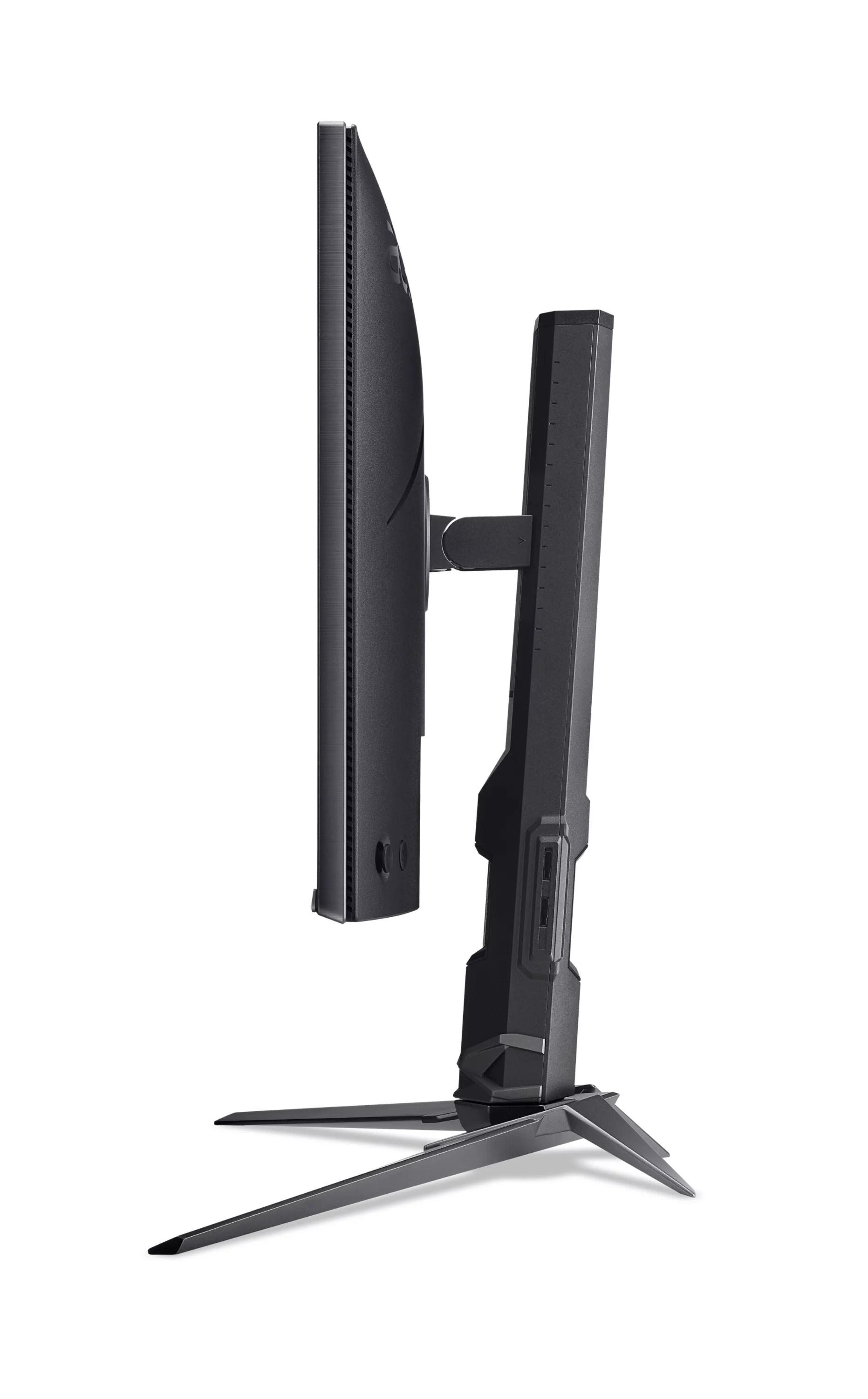 Vista laterale di un monitor per computer nero su supporto regolabile su sfondo bianco.