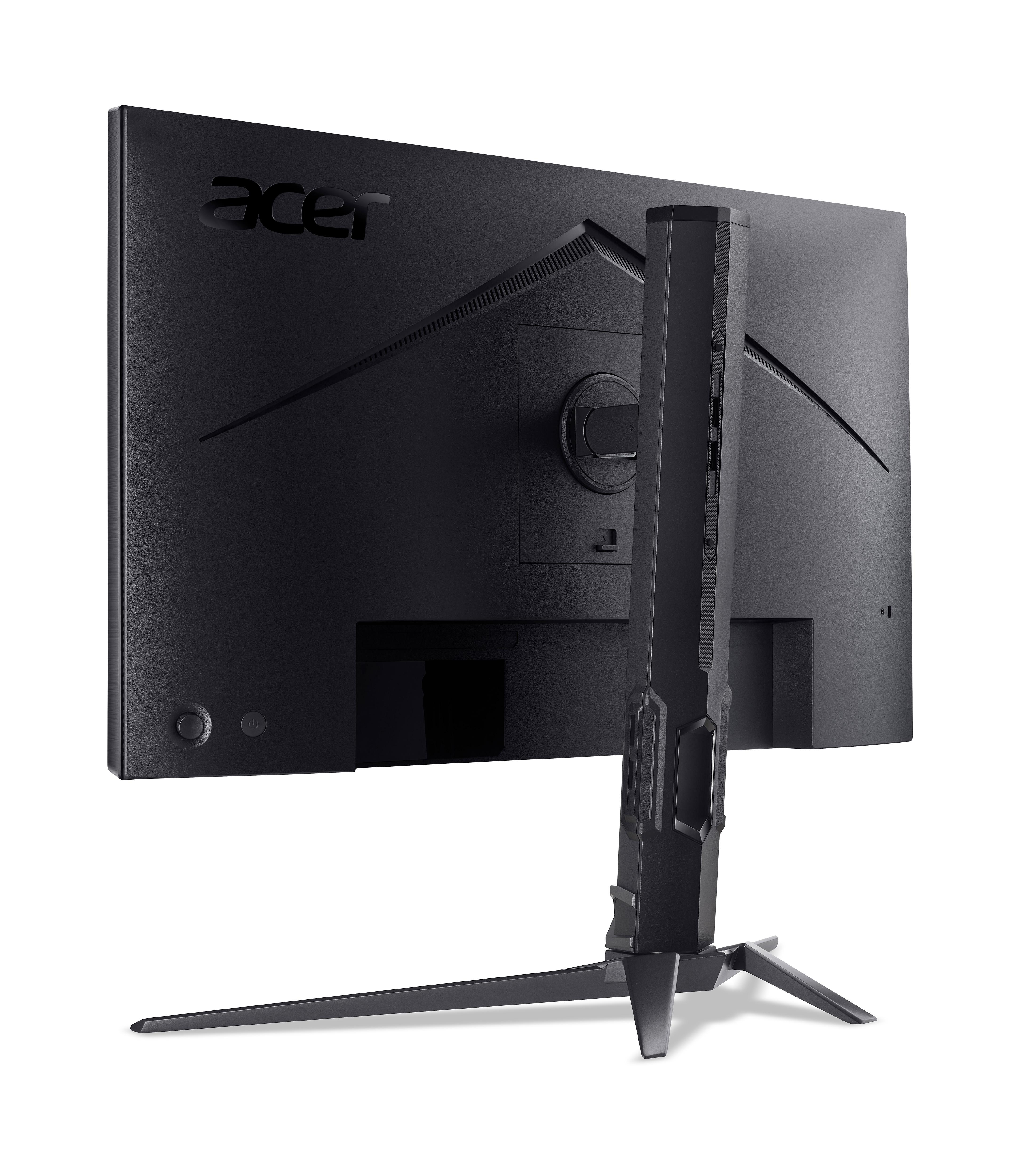 Vista posteriore di un monitor Acer nero con supporto ergonomico su sfondo bianco.