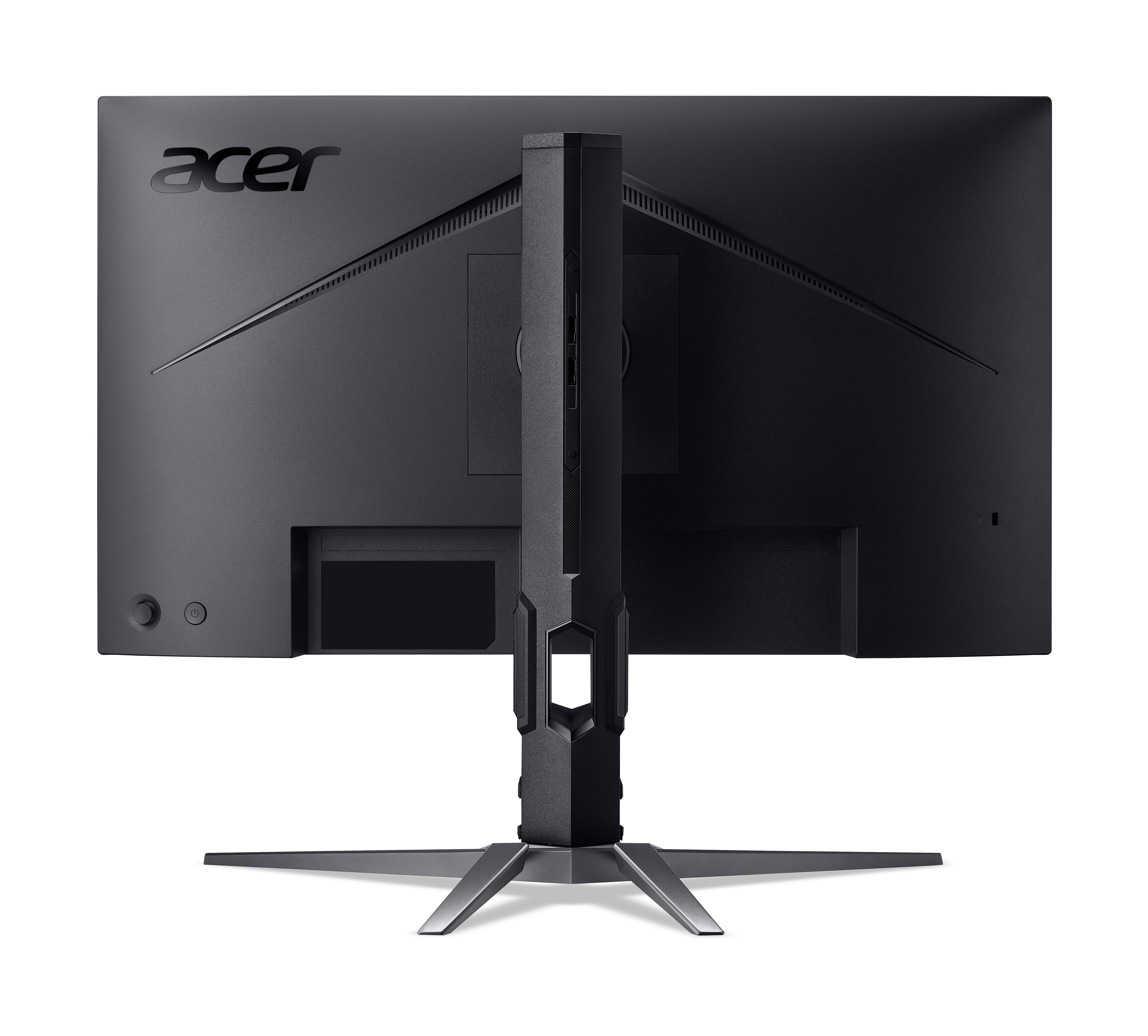Vista posteriore di un monitor per computer Acer nero su supporto regolabile su sfondo bianco.