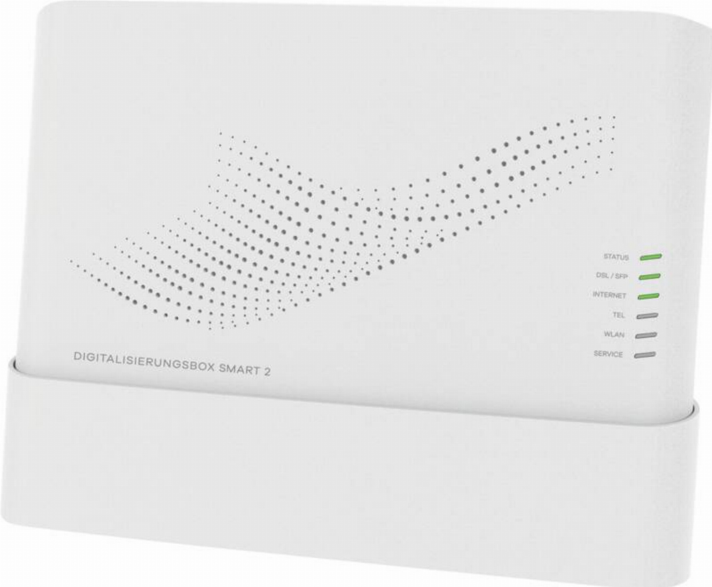 White Digitalisierungsbox Smart 2 router with dotted pattern and green status lights in stand.