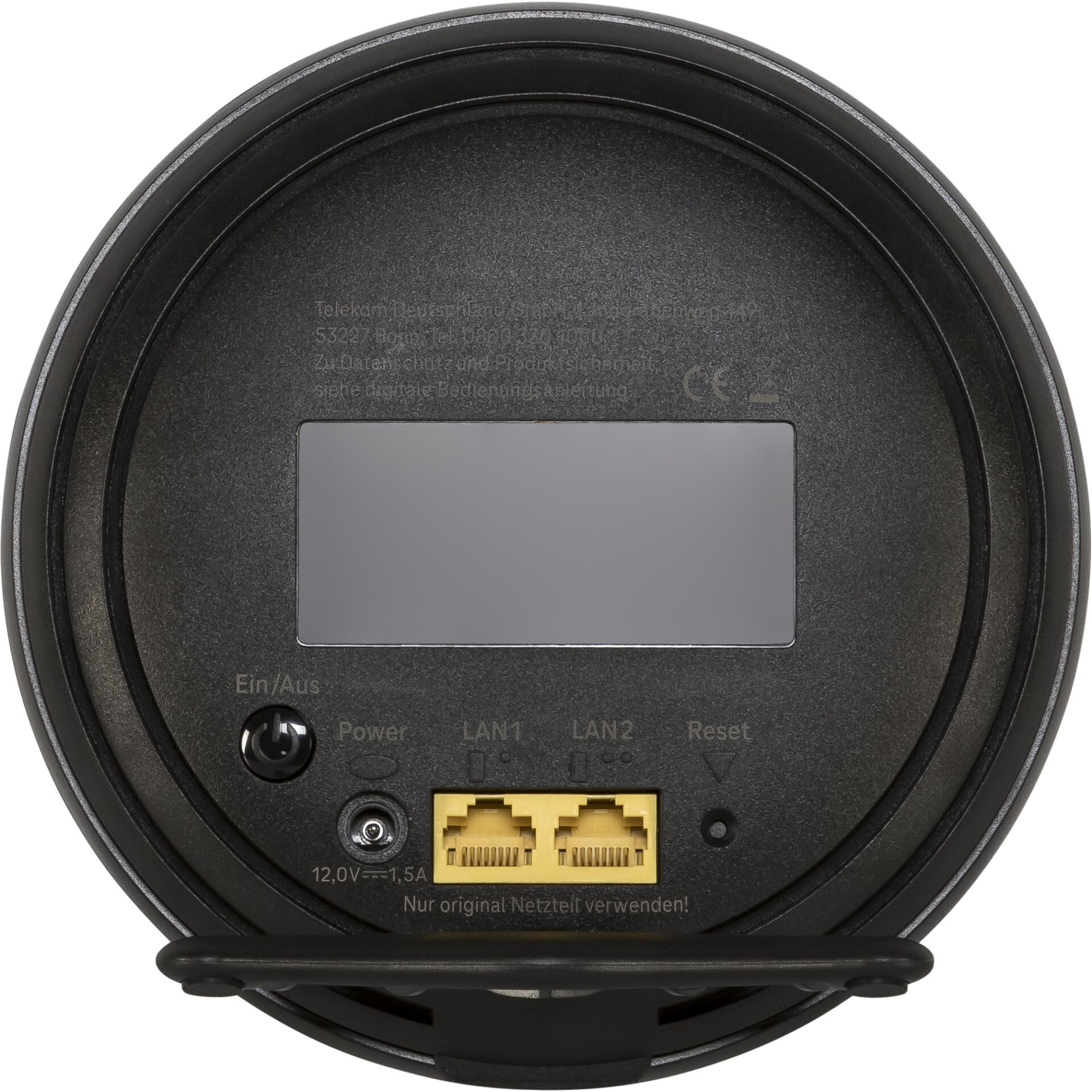 Achterkant van een zwarte router met aan/uit-knop, voedingspoort, twee gele LAN-poorten en resetknop.