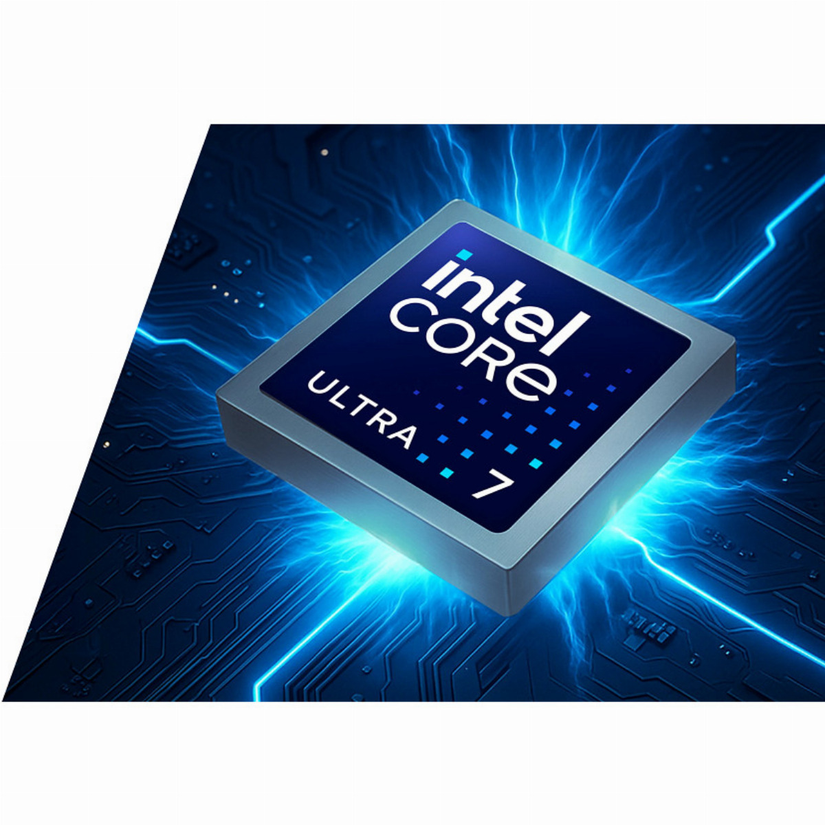 Procesor Intel Core Ultra 7 świeci na niebiesko na tle ciemnej płytki drukowanej.