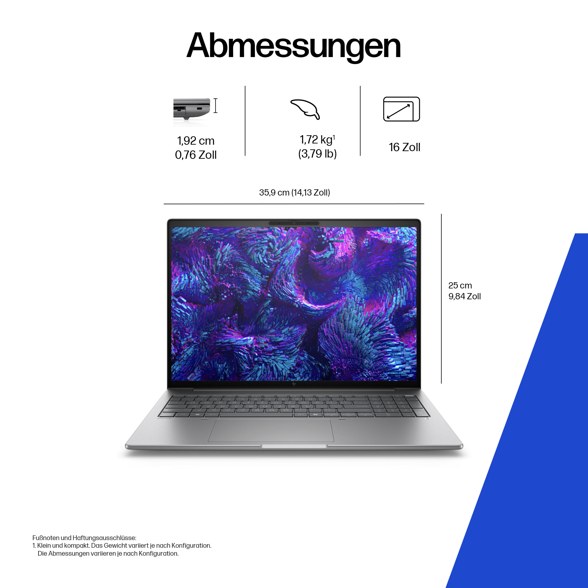Wymiary laptopa, w tym grubość, waga, rozmiar ekranu oraz wymiary w centymetrach i calach.