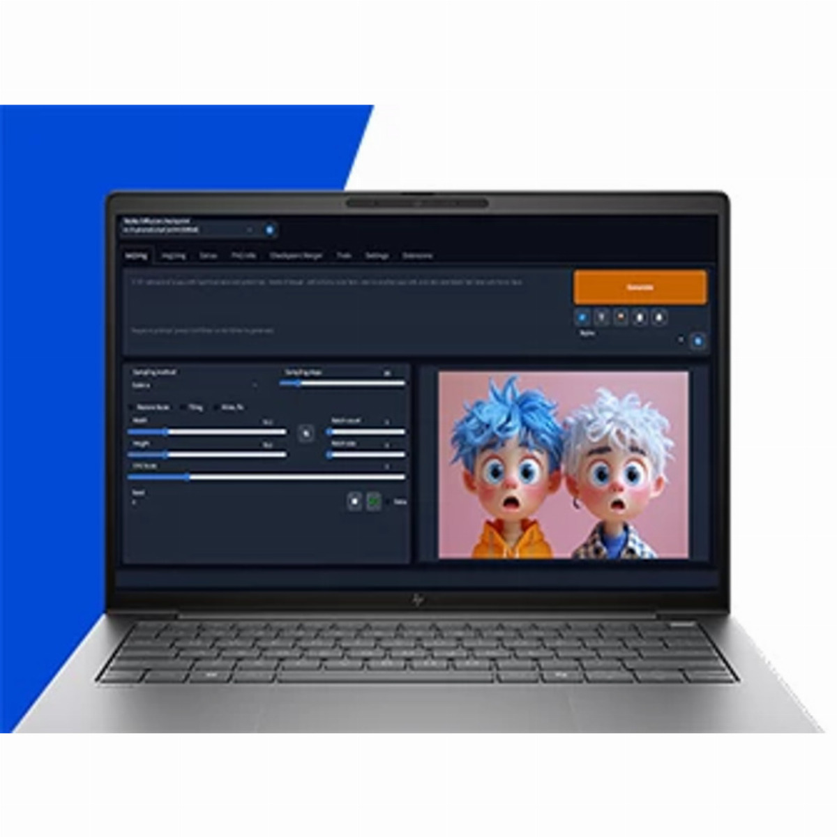 Laptop wyświetlający interfejs oprogramowania i obraz dwóch postaci z kreskówek o dużych oczach.