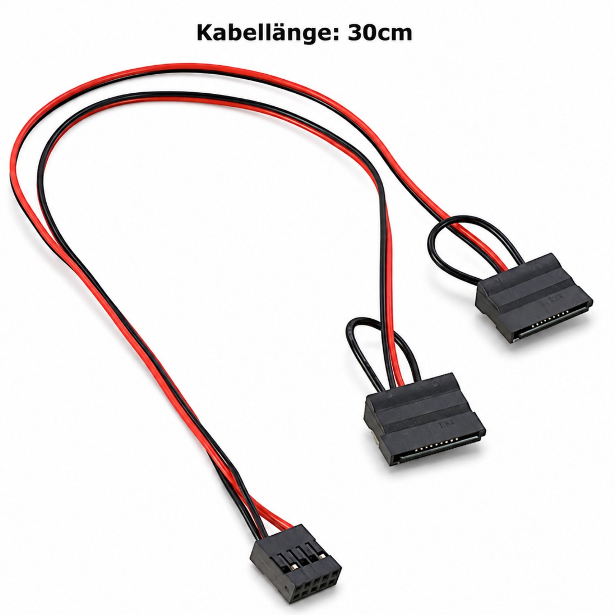 Ein 30 cm langes, rot-schwarzes Kabel mit einem 8-poligen und zwei SATA-Anschlüssen auf weißem Hintergrund.