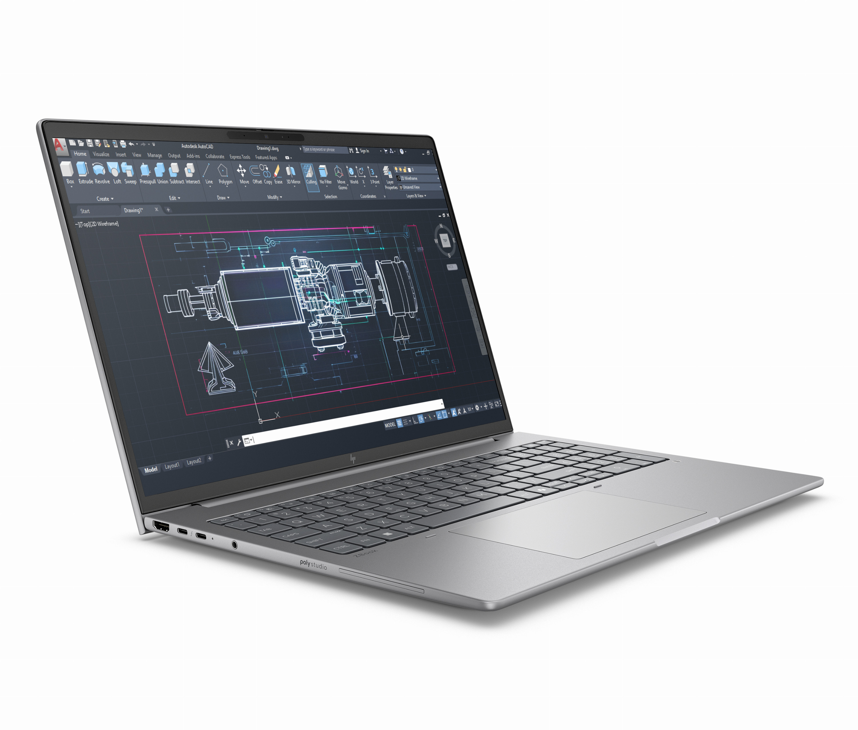 Srebrny laptop wyświetla niebieski projekt CAD na ekranie, widoczny z boku na białym tle.