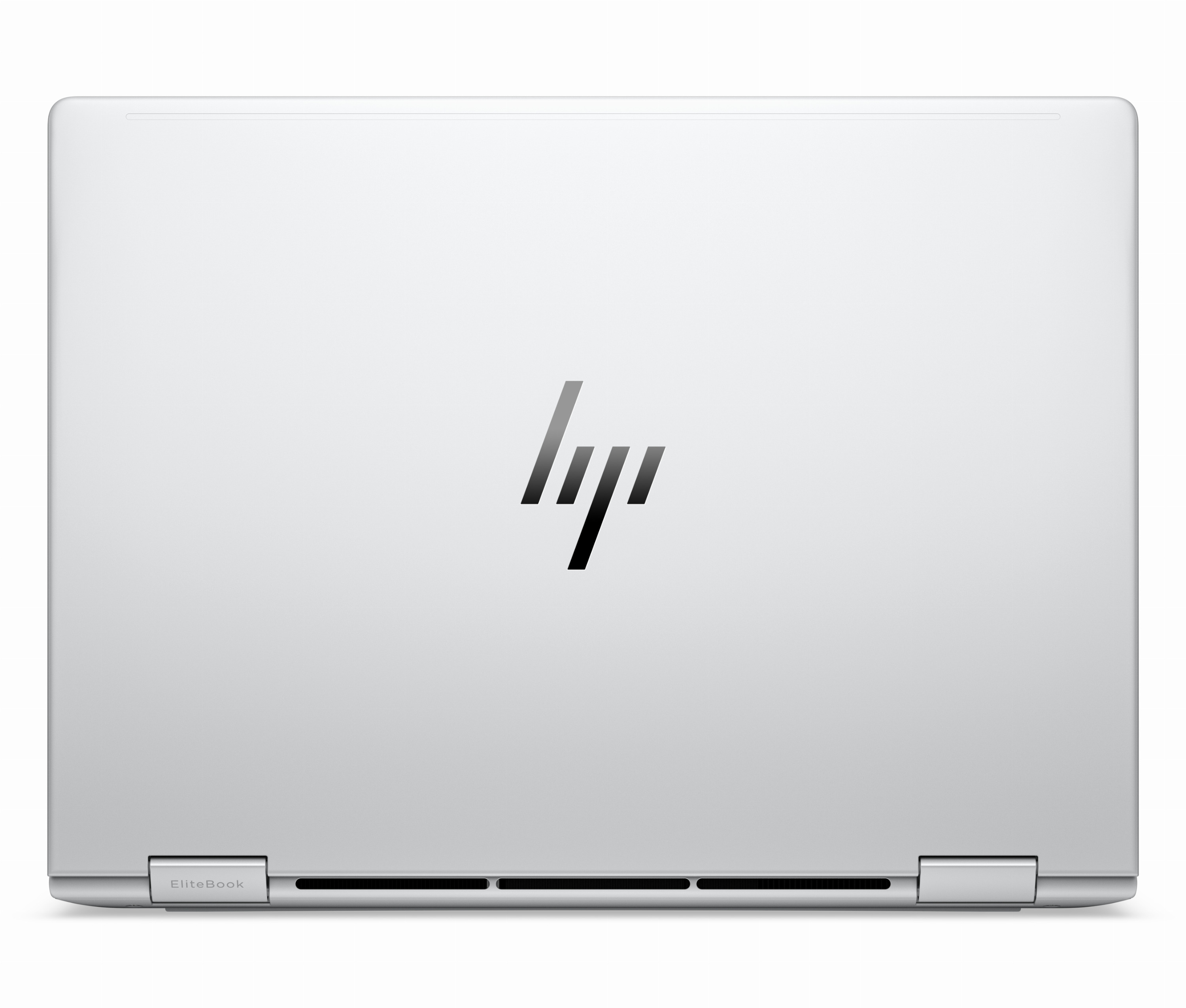 Zamknięty srebrny laptop HP EliteBook widziany od góry, z czarnym logo HP po środku.