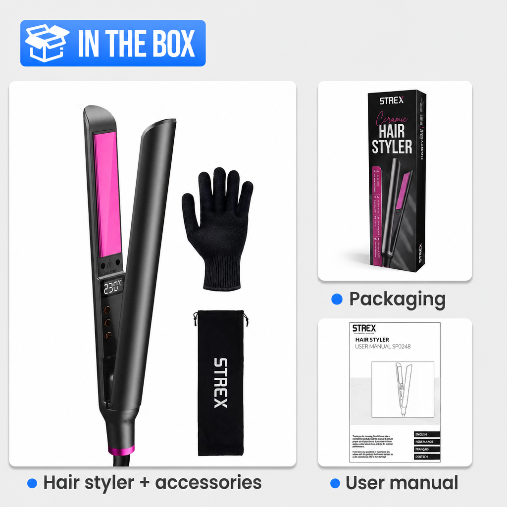 Piastra per capelli rosa e nera con guanto termico, custodia, scatola e manuale utente.