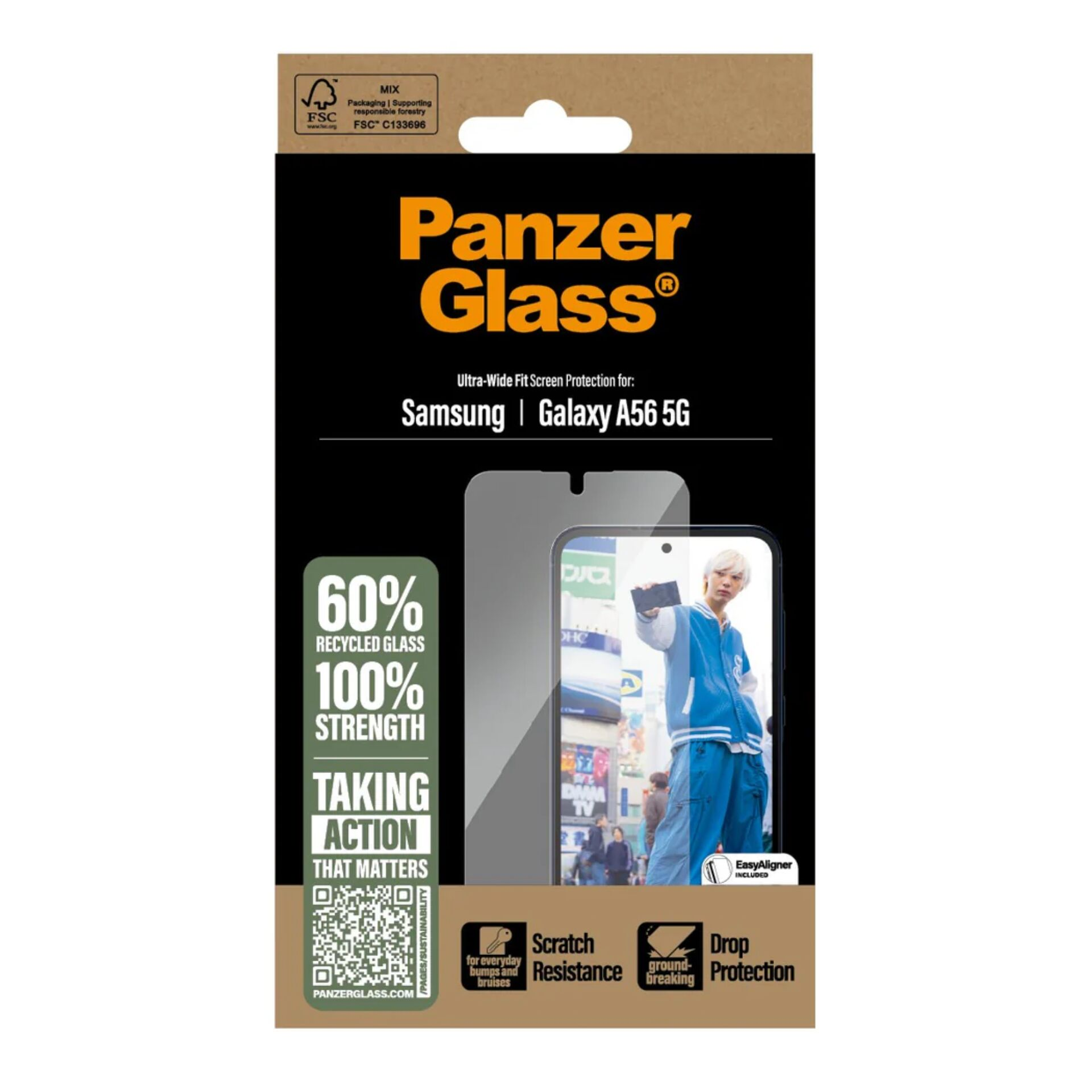 Embalaje PanzerGlass para Samsung Galaxy A56 5G con vidrio reciclado e iconos de protección.