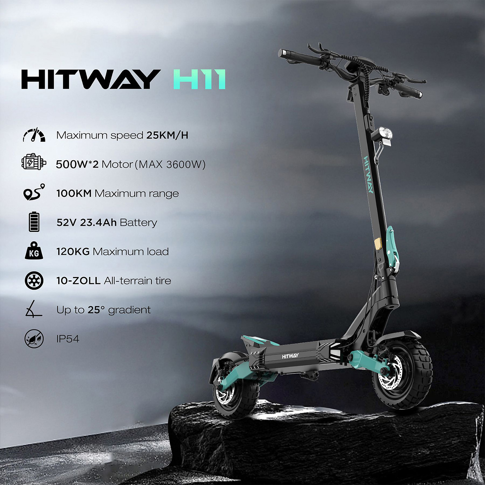 Une trottinette électrique Hitway H11 noire et turquoise sur un rocher, avec caractéristiques à gauche.