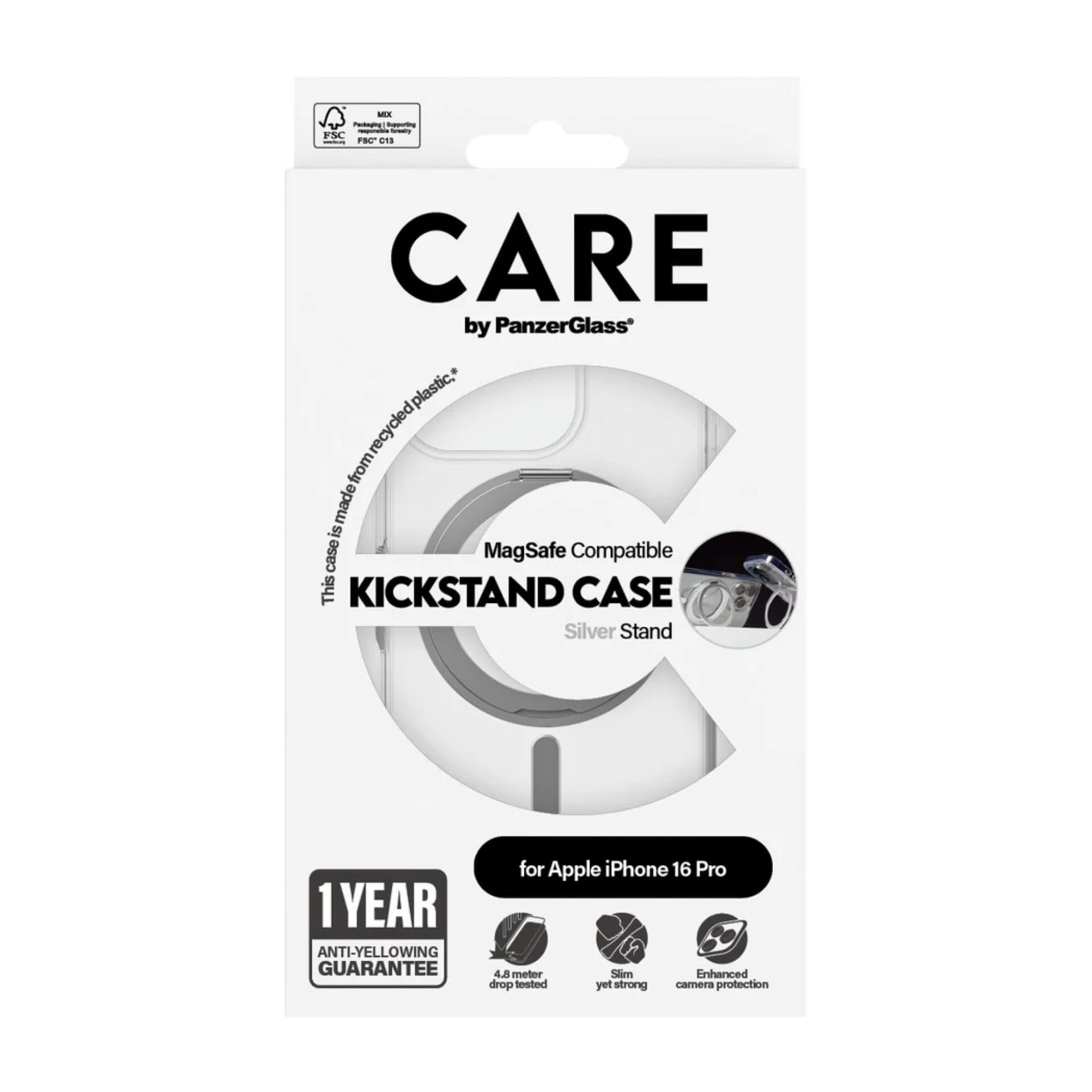 Apple iPhone 16 Pro MagSafe Kickstand Case için CARE by PanzerGlass ambalajı.