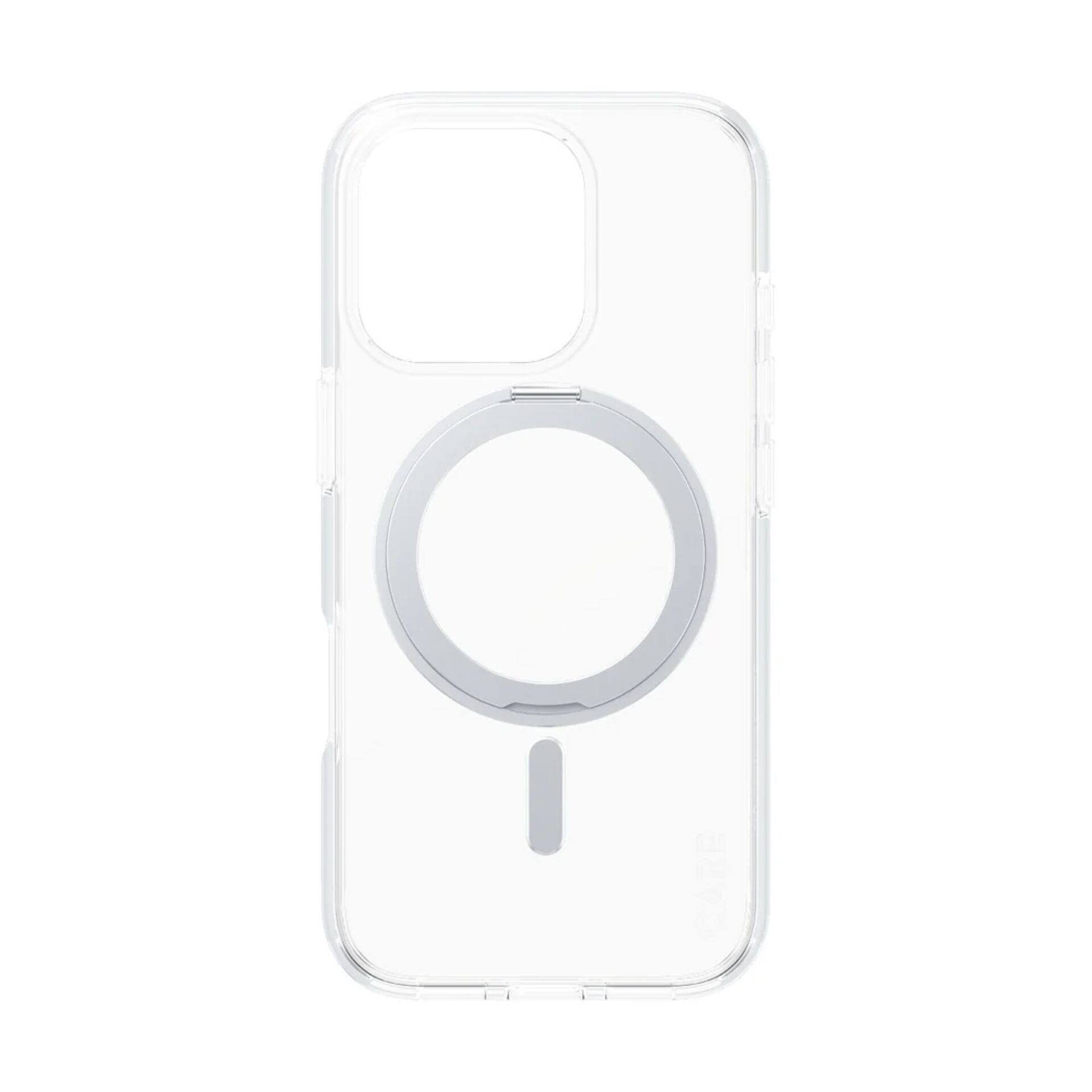 Beyaz arka planda MagSafe halkalı ve kamera kesikli şeffaf telefon kılıfı.