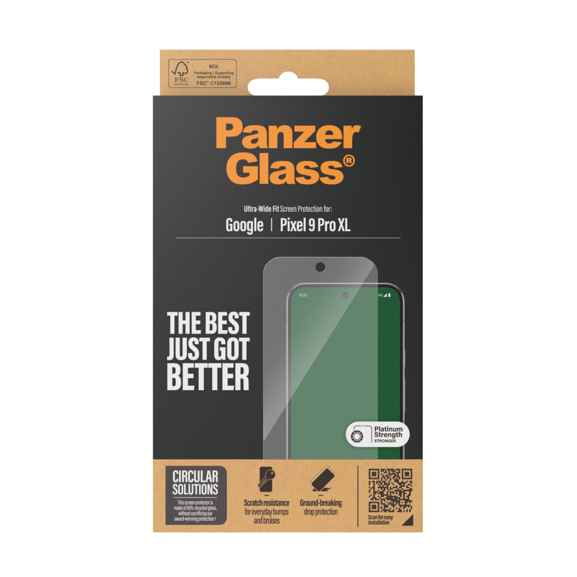 Opakowanie szkła ochronnego PanzerGlass do Google Pixel 9 Pro XL z ikonami ochrony.