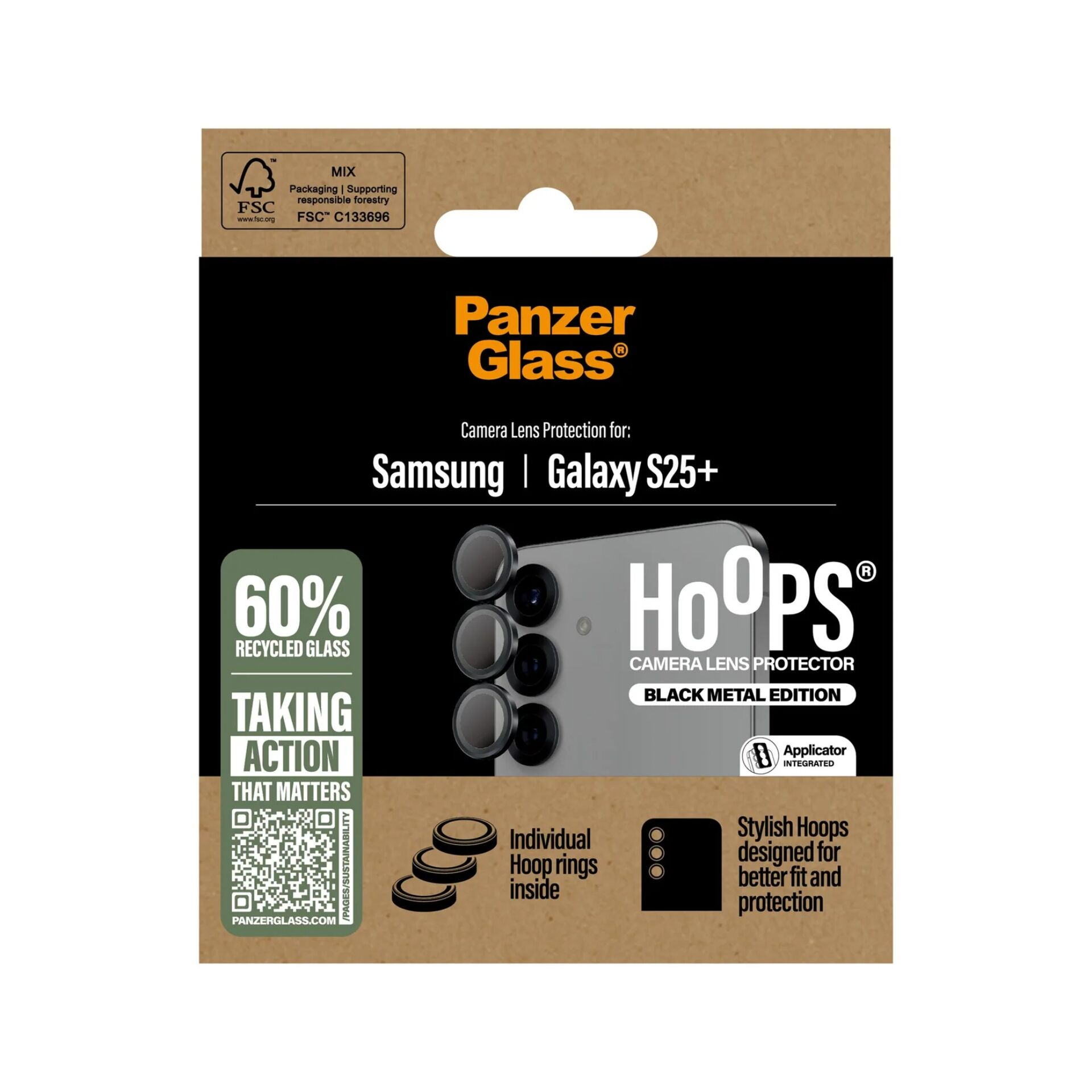 Protector de lente de cámara PanzerGlass para Samsung Galaxy S25+, empaque con vidrio reciclado.