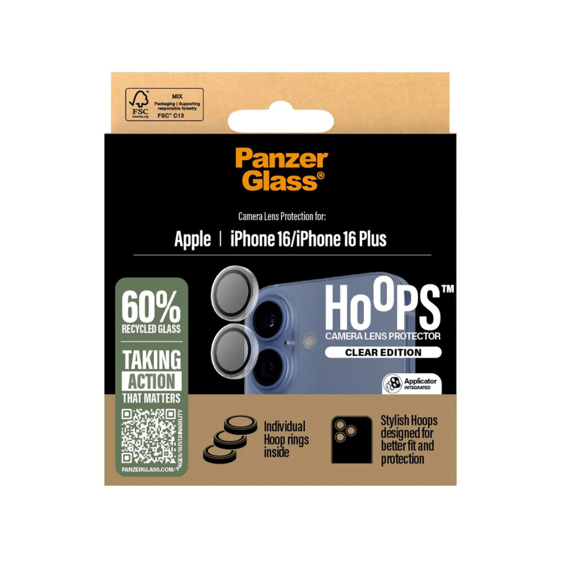 Embalaje del protector de lente de cámara PanzerGlass para iPhone 16 con Hoops.