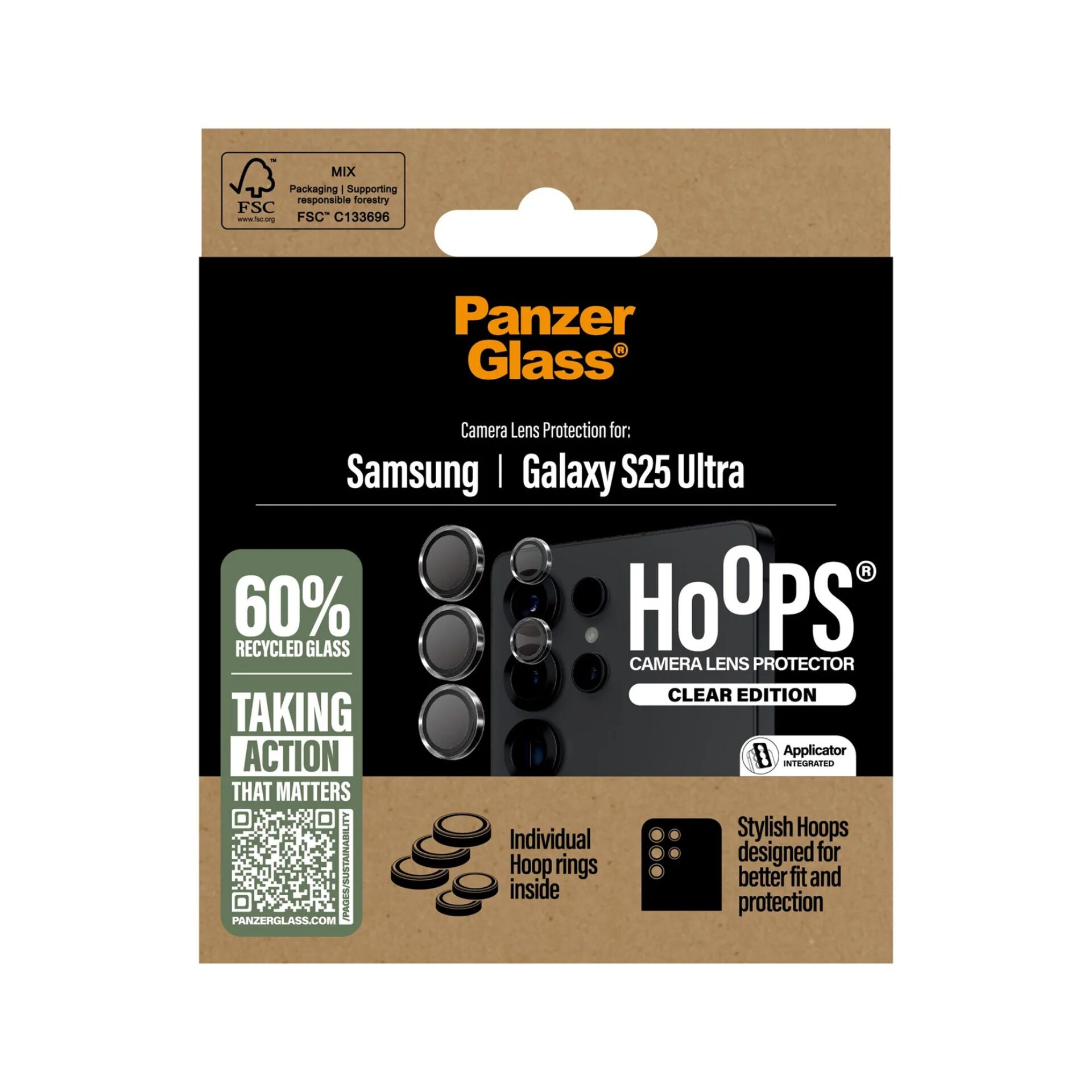 Embalaje de protector de lente de cámara PanzerGlass para Samsung Galaxy S25 Ultra.
