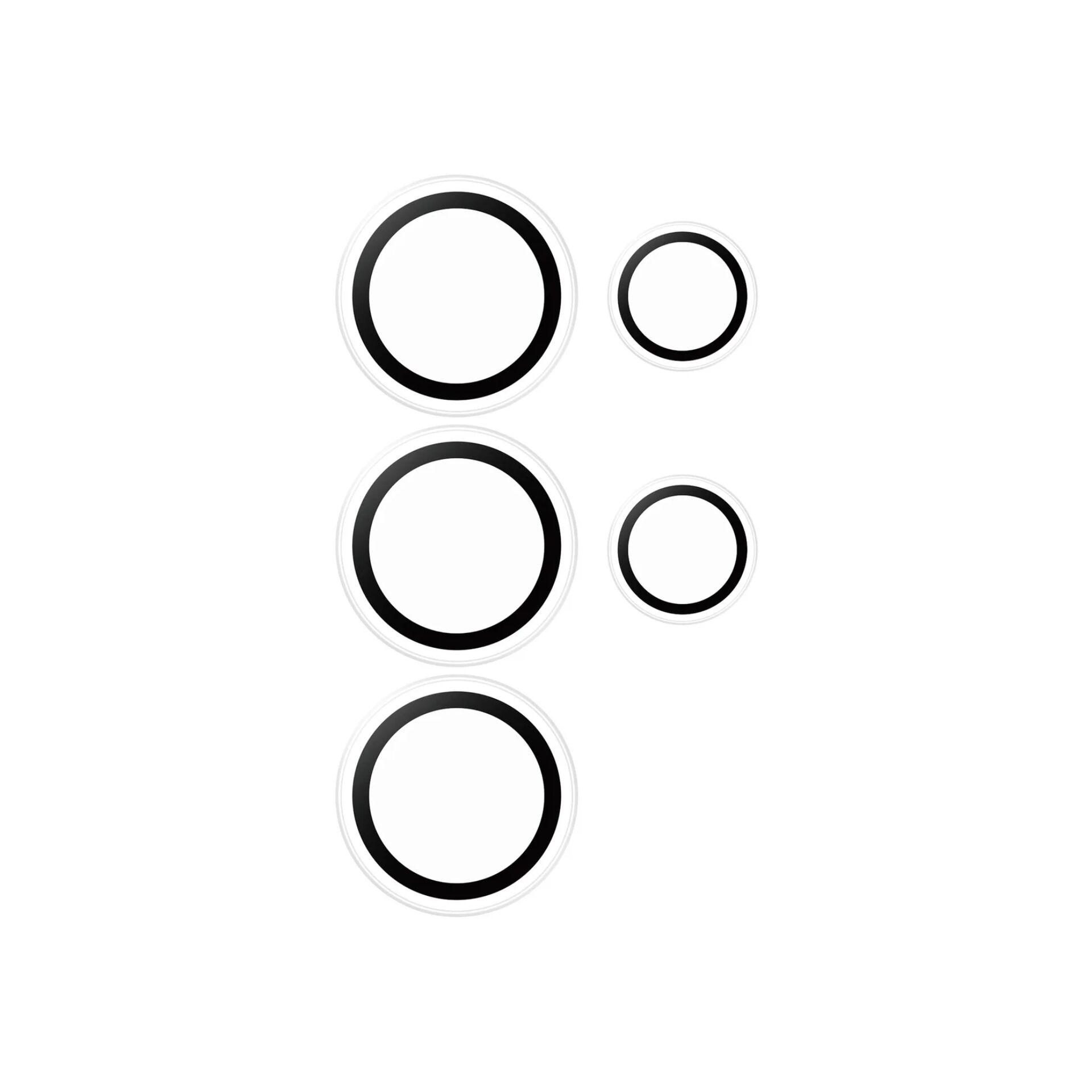 Tres anillos negros grandes y dos pequeños sobre fondo blanco.