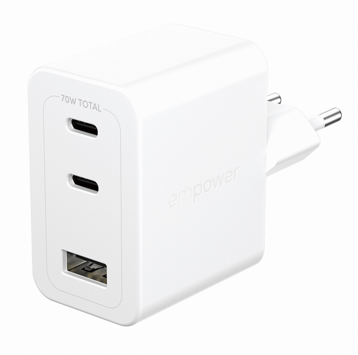 Beyaz arka planda iki USB-C portu ve bir USB-A portu olan beyaz 70W duvar şarj cihazı.