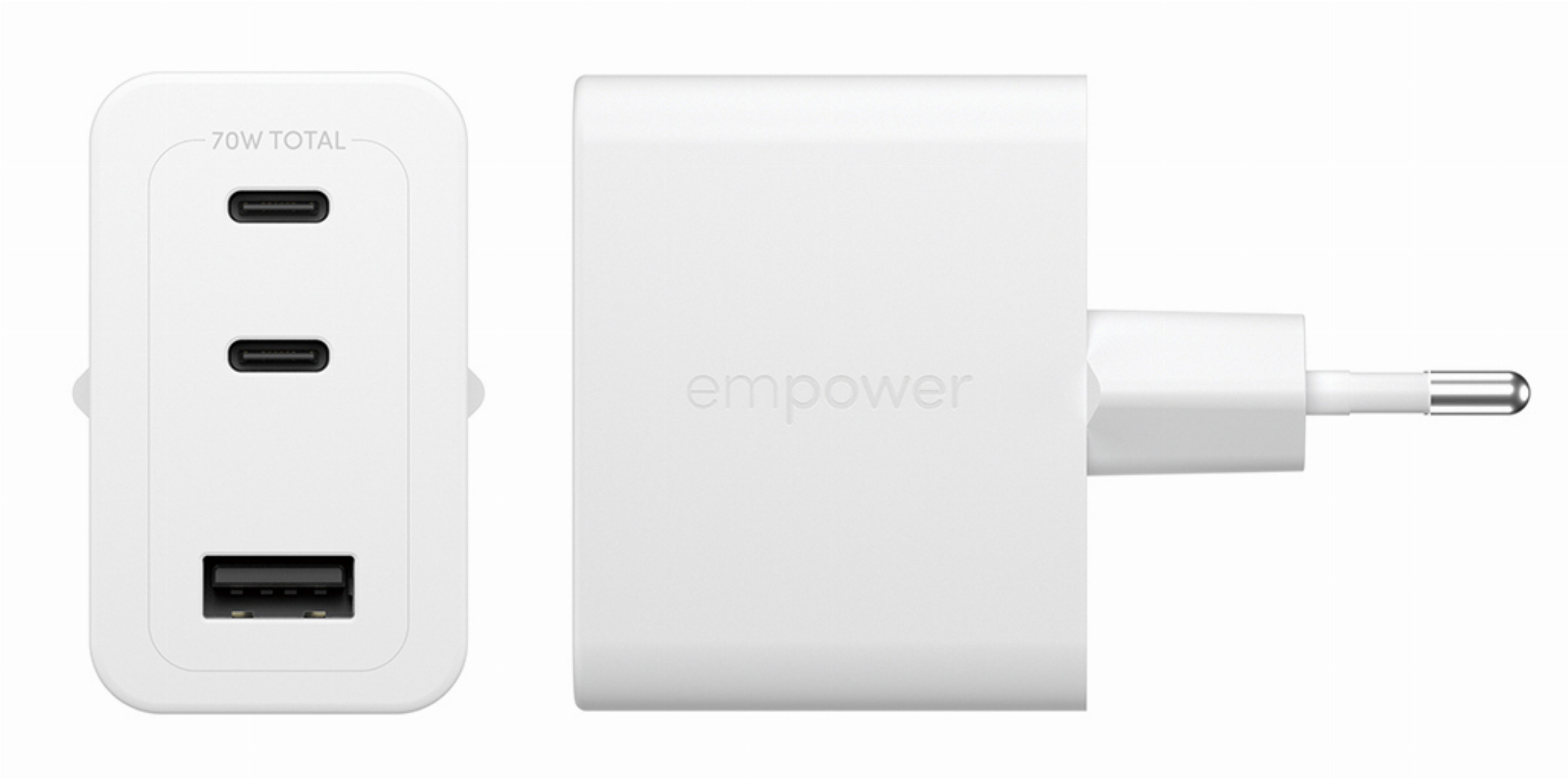 Beyaz arkaplanda iki USB-C portu, bir USB-A portu ve Avrupa tipi fişi olan beyaz Empower 70W şarj cihazı.