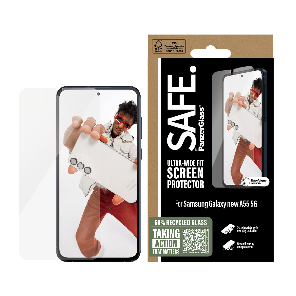 Protector de pantalla SAFE de PanzerGlass para Samsung Galaxy A55 5G con embalaje de cartón y pantalla.