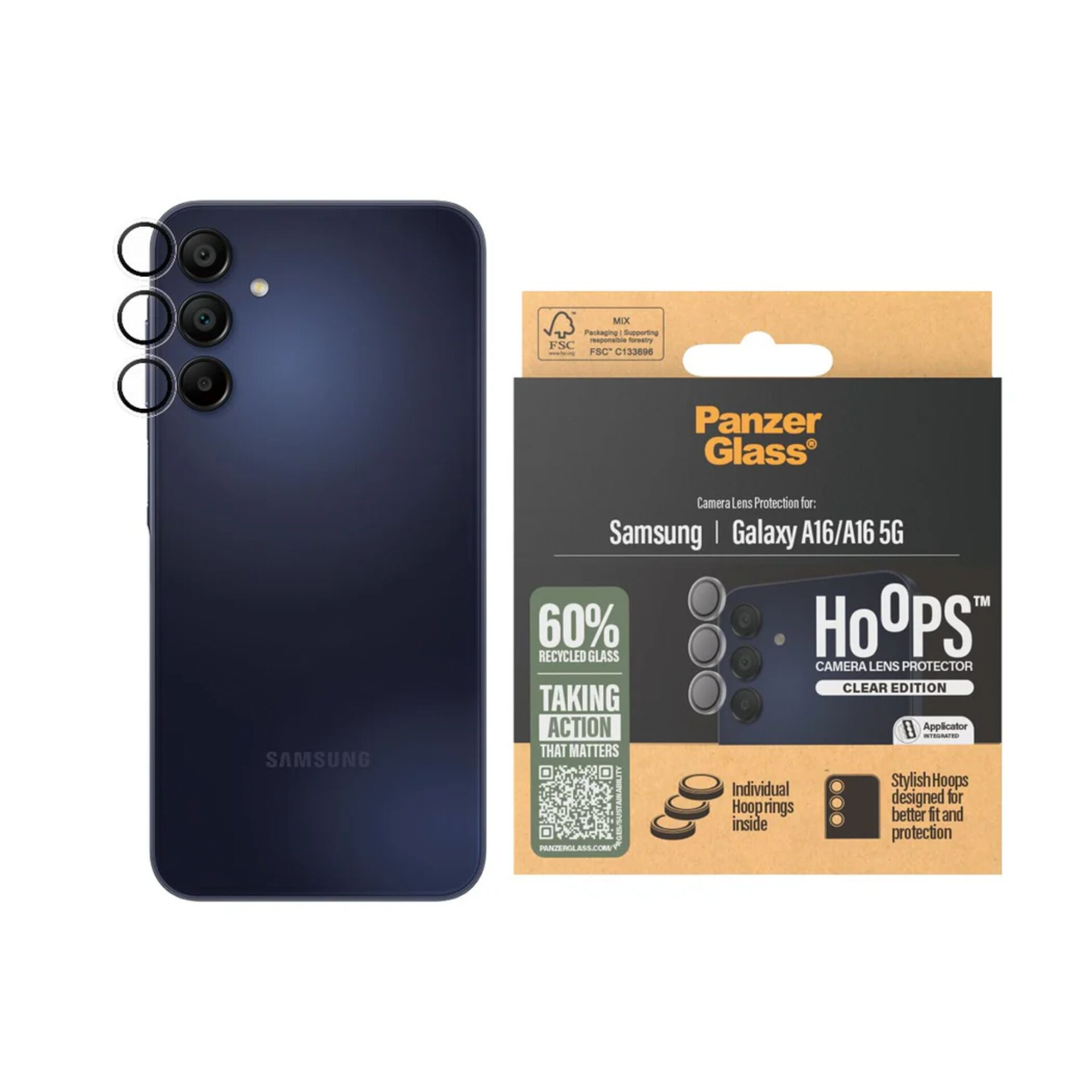 Smartfon Samsung Galaxy A16 obok opakowania osłony obiektywu aparatu PanzerGlass.