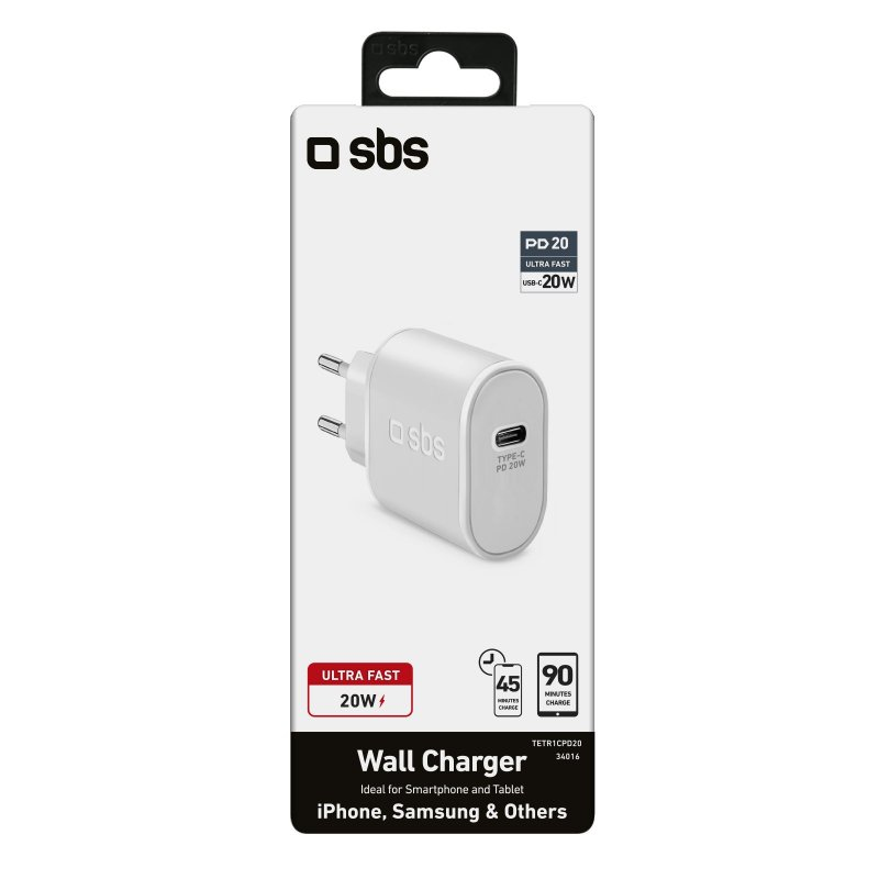 White SBS 20W USB-C wall charger in packaging with text indicating ultra-fast charging for smartphones and tablets.