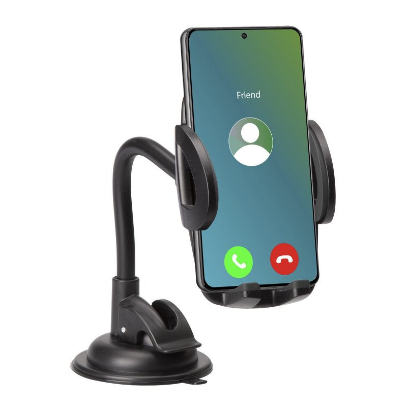 Un supporto per telefono nero con ventosa e braccio flessibile sostiene uno smartphone con una chiamata in arrivo.