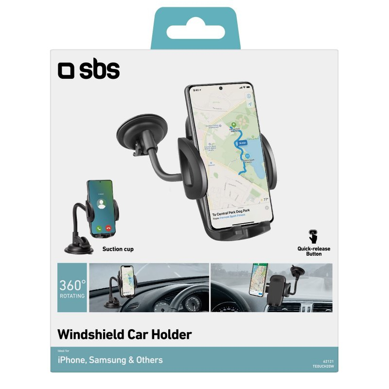 Confezione di un supporto per auto da parabrezza SBS con ventosa e smartphone montato.