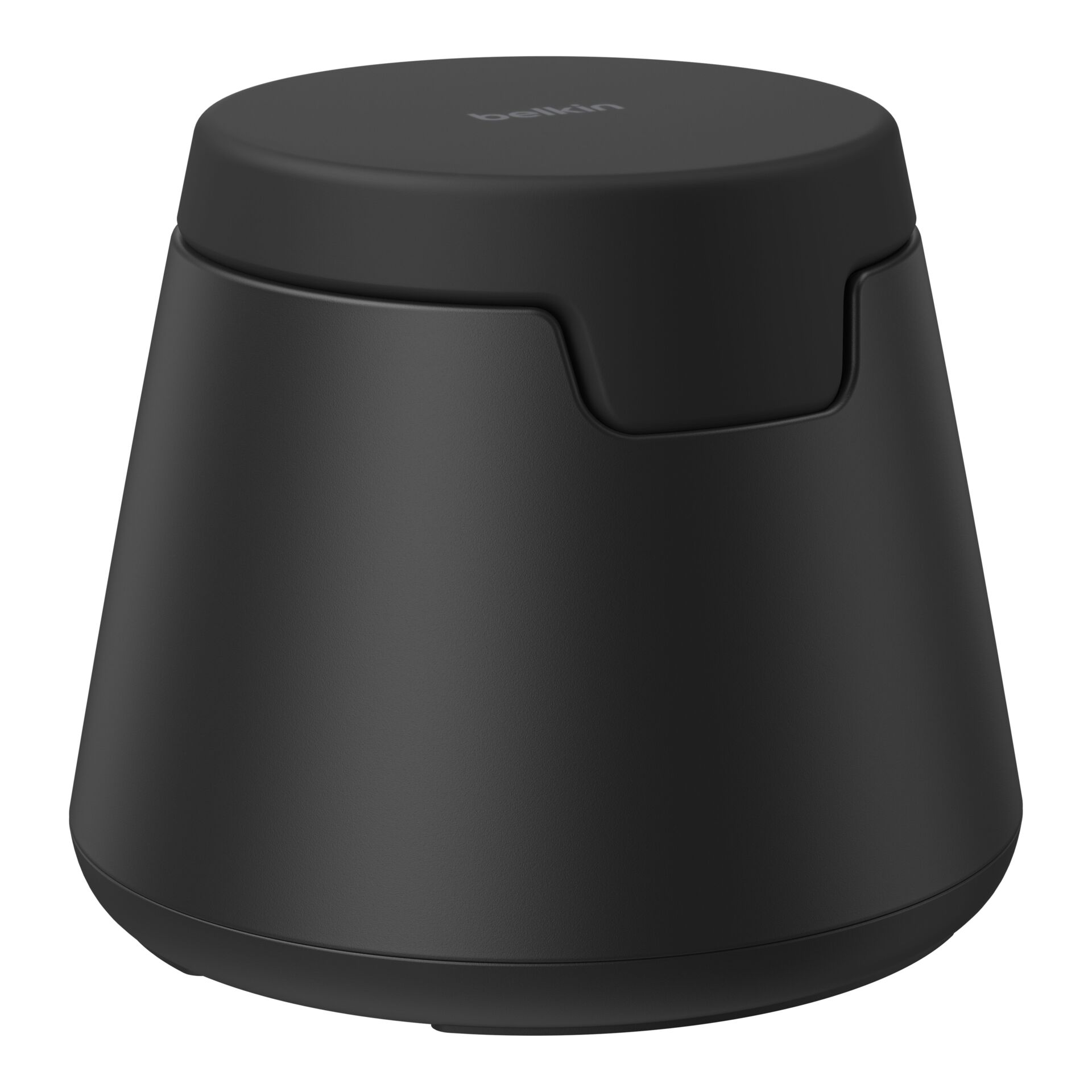 Un dispositivo Belkin nero opaco, a forma di cono, su sfondo bianco.