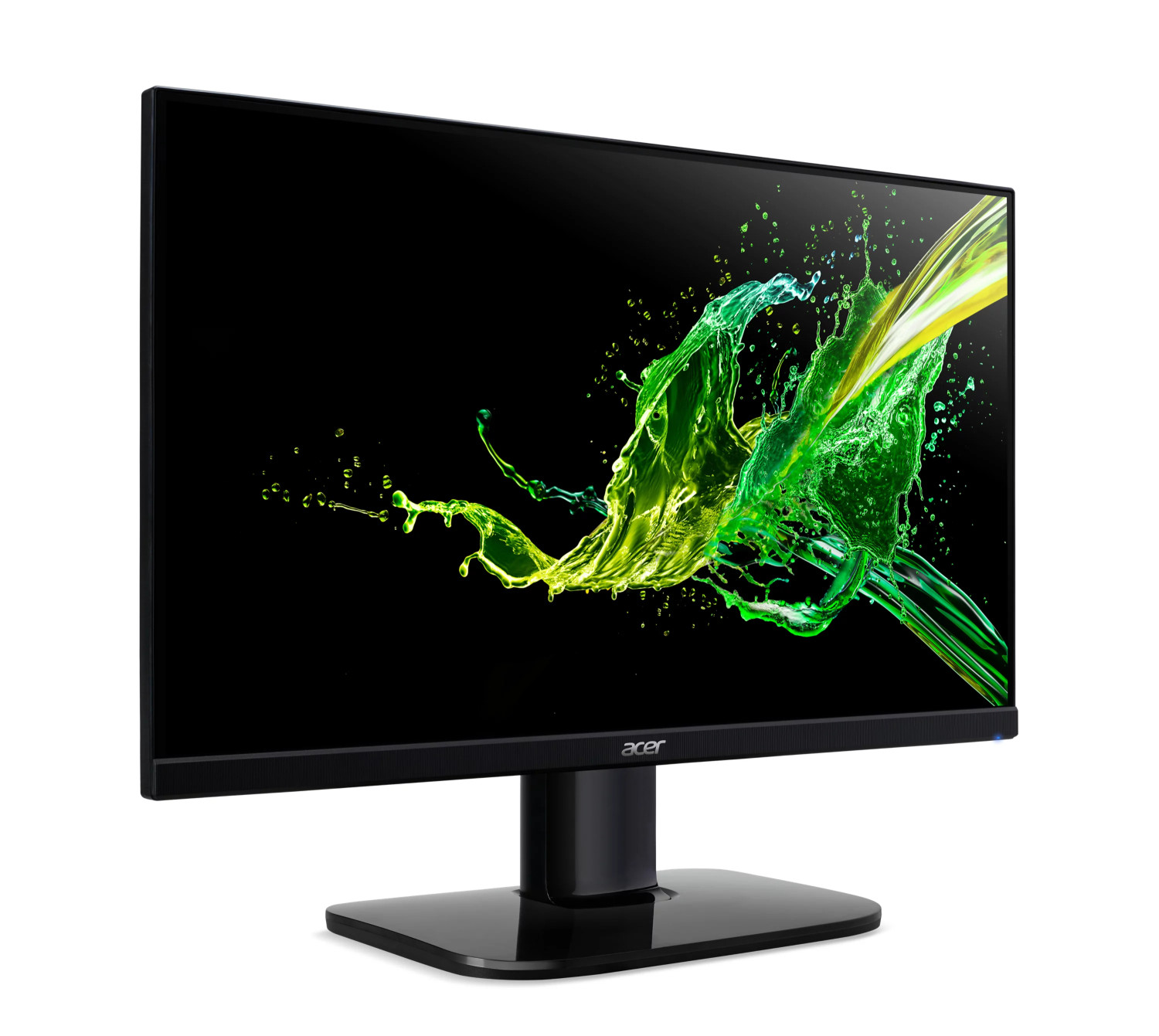 Un monitor Acer nero mostra una vivace immagine di spruzzi d'acqua verdi e gialli su sfondo nero.