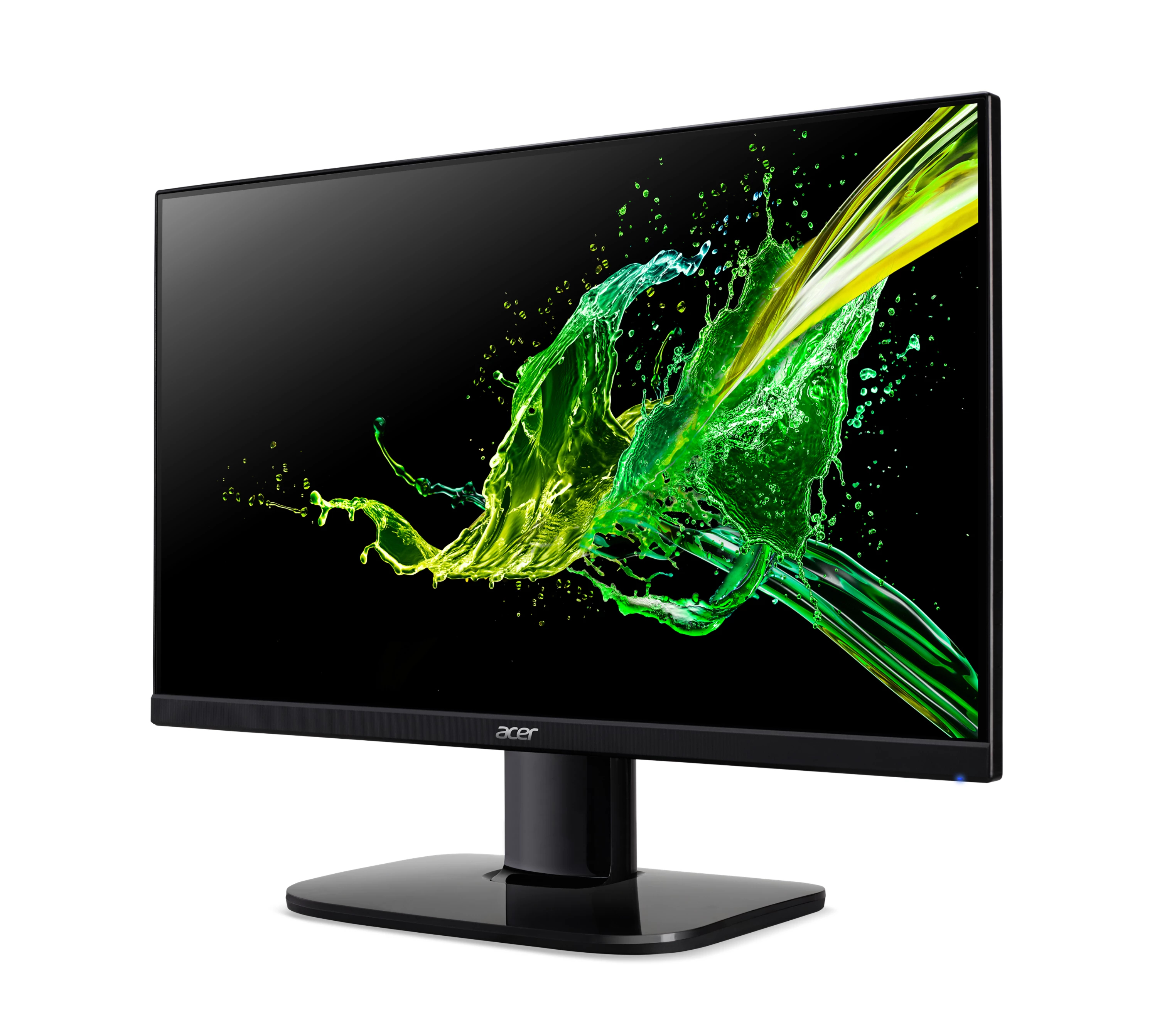 Un monitor Acer nero mostra un vivace sfondo con spruzzi d'acqua verdi e gialli.
