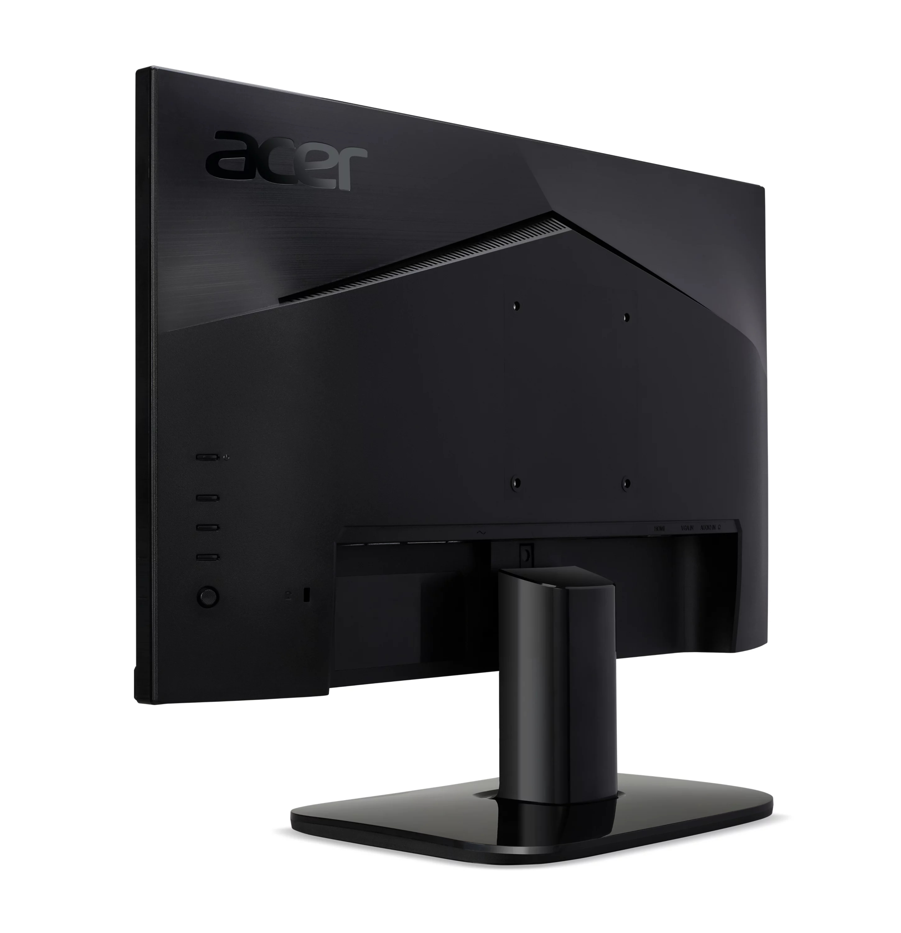 Il retro di un monitor Acer nero con supporto su sfondo bianco.