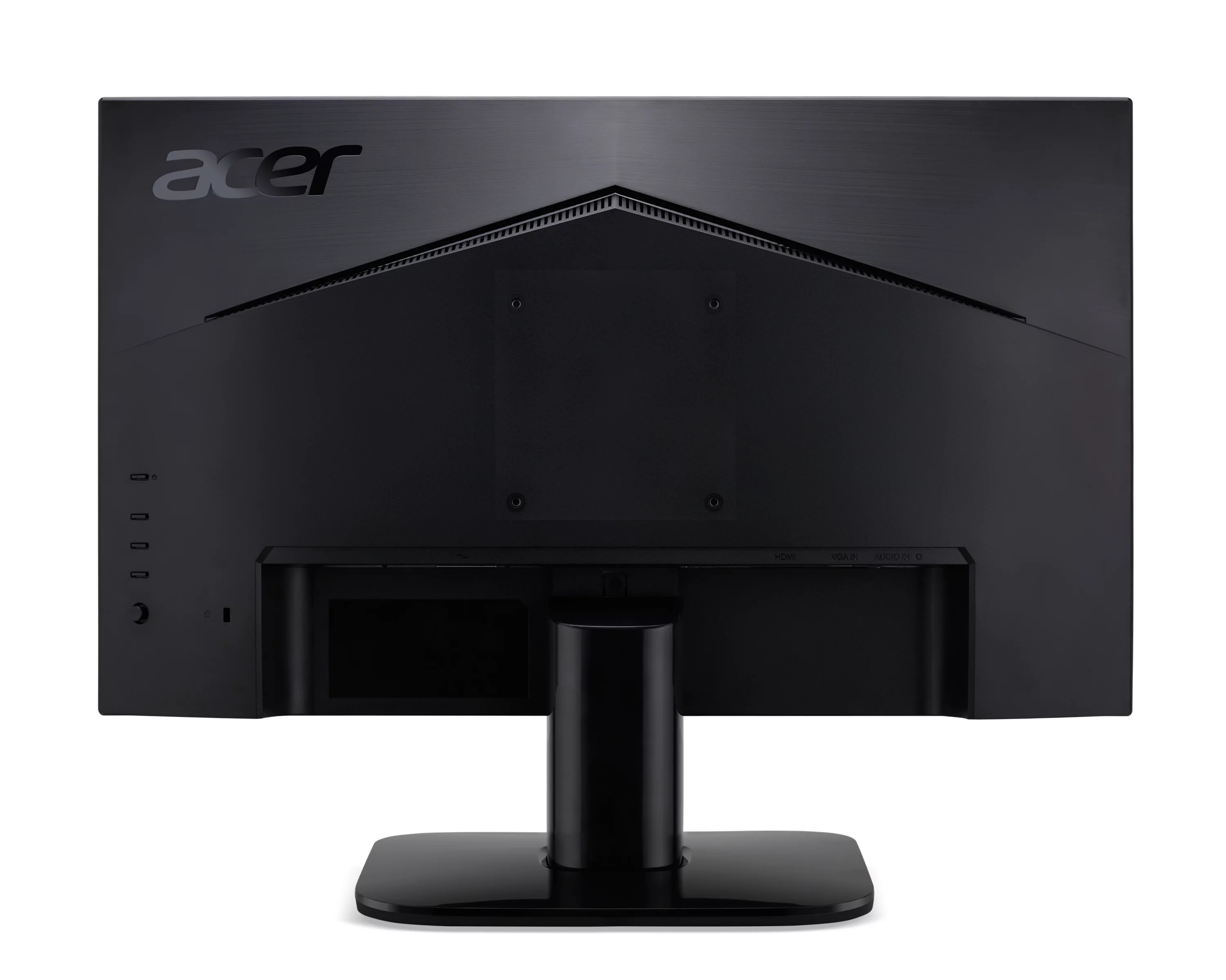 Retro di un monitor nero Acer con supporto e porte visibili.