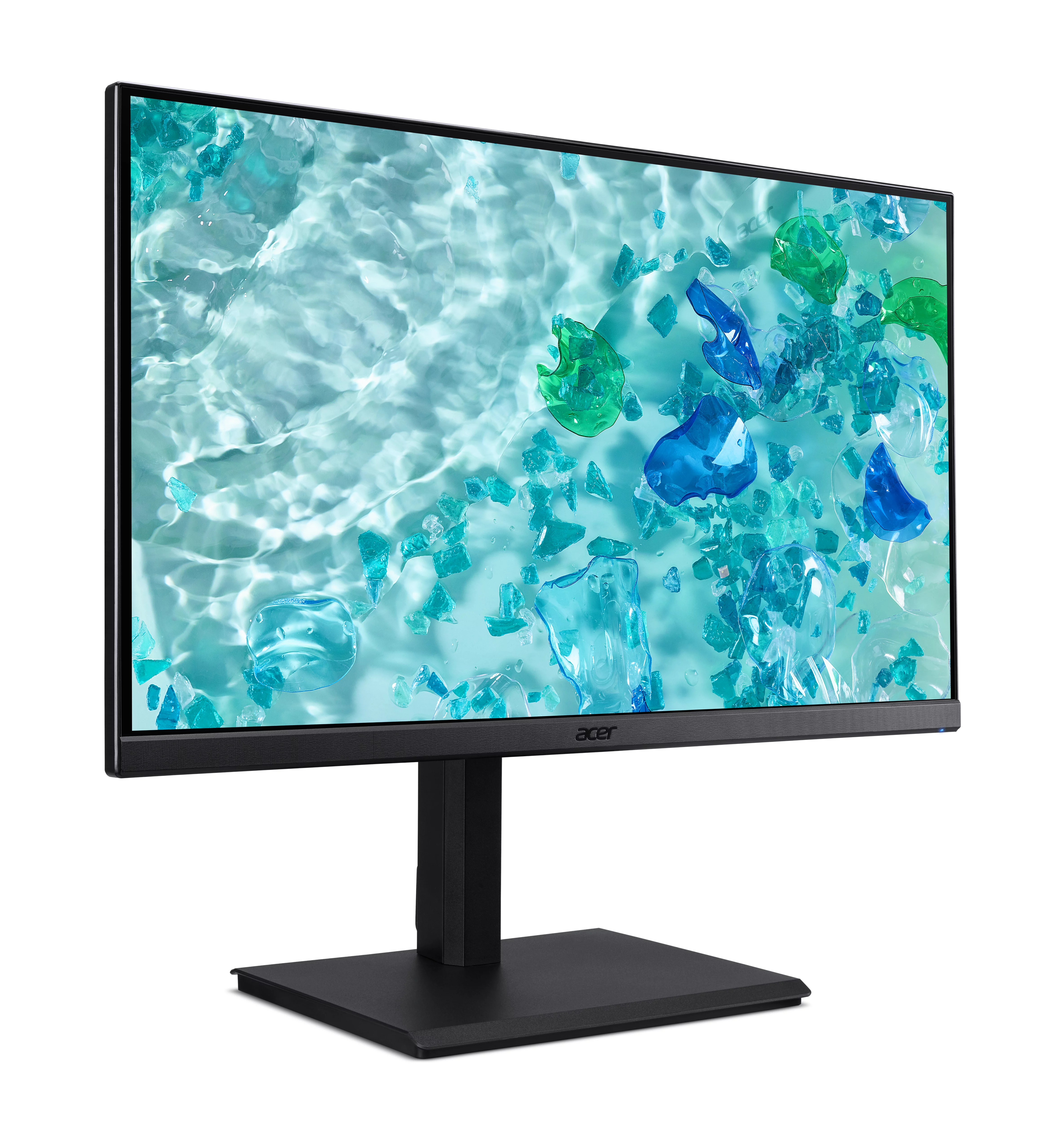 Un monitor Acer su base nera mostra un'immagine turchese con pezzi di vetro blu e verde nell'acqua.