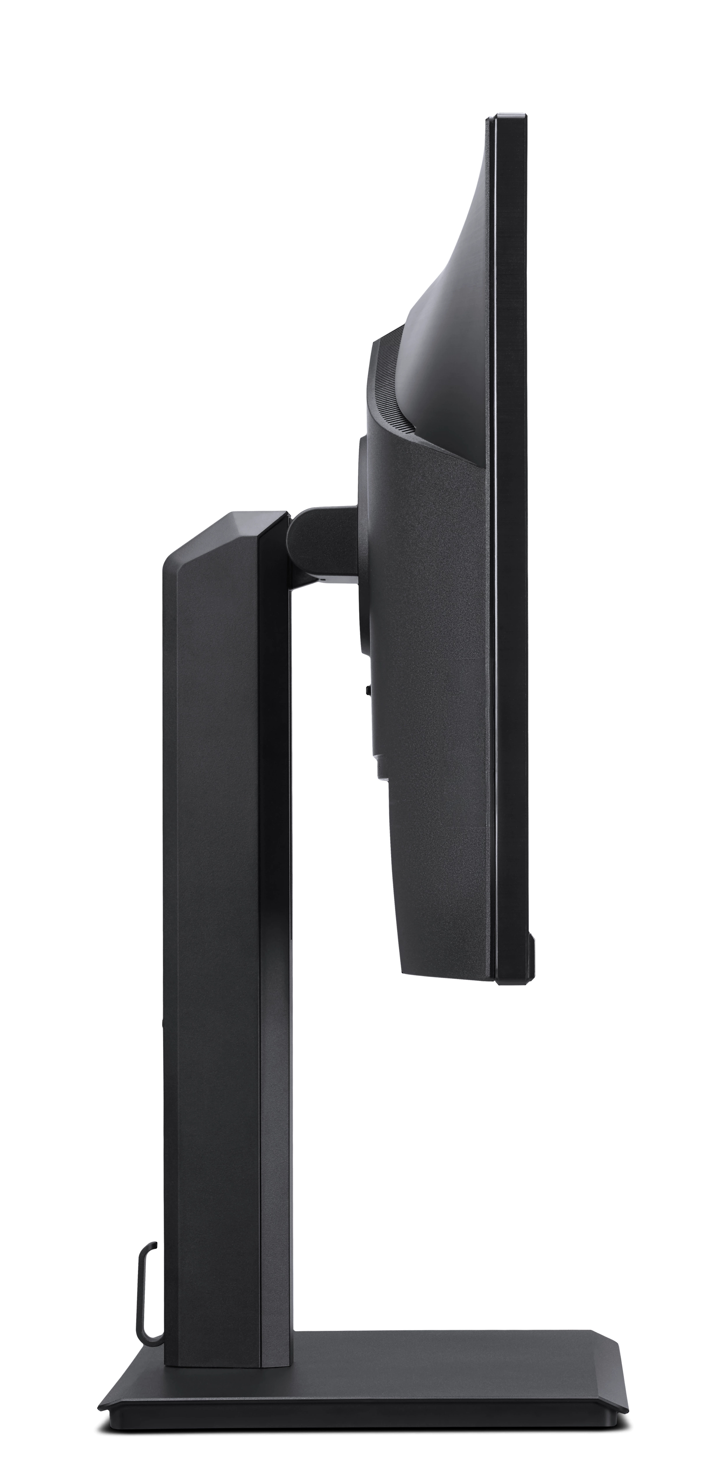 Vista laterale di un monitor di computer nero su supporto con sfondo bianco.