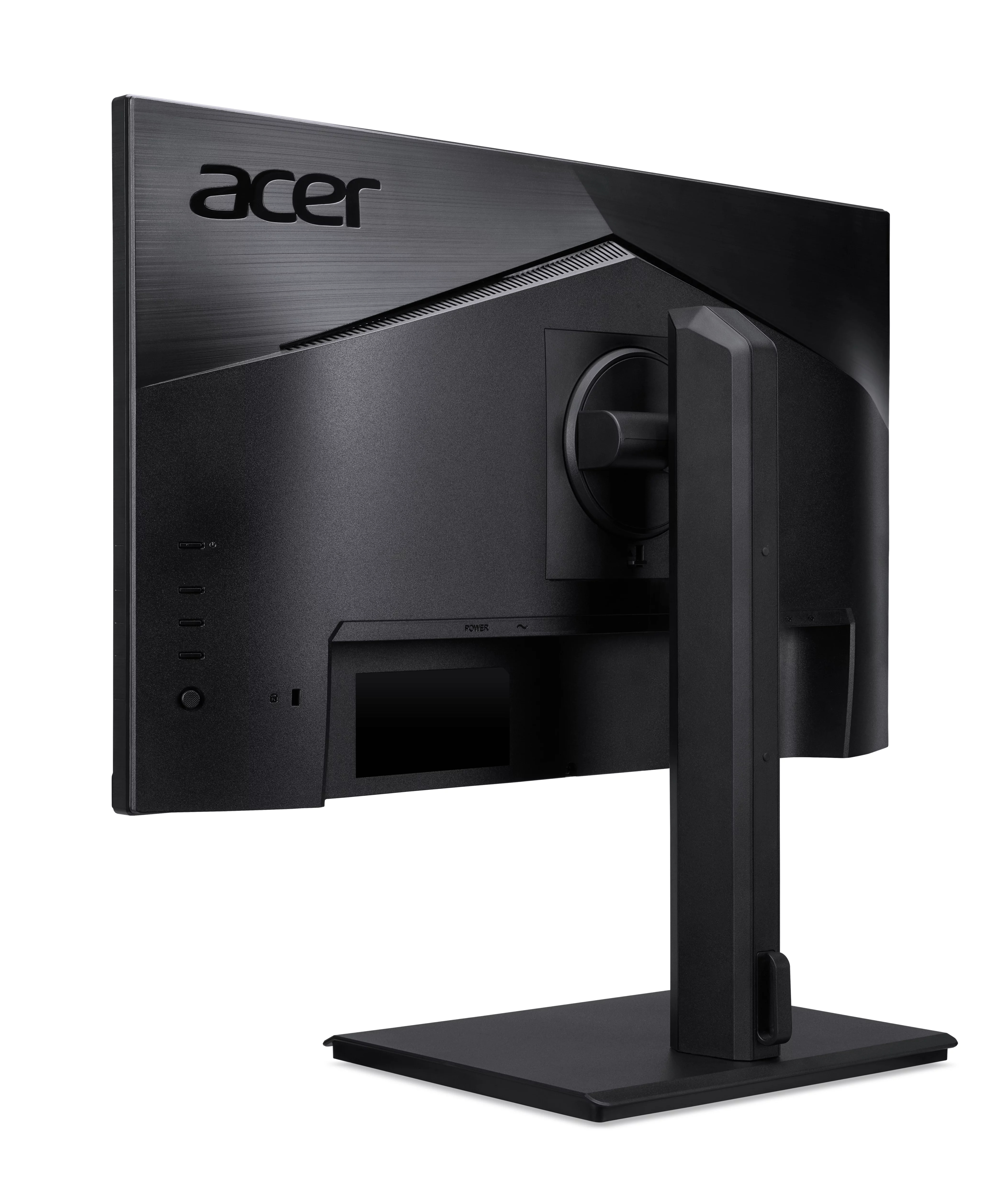 Vista posteriore di un monitor per computer Acer nero su supporto regolabile su sfondo bianco.