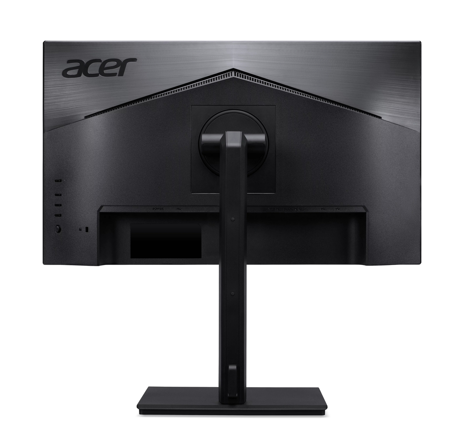 Vista posteriore di un monitor nero Acer con supporto, porte e logo.